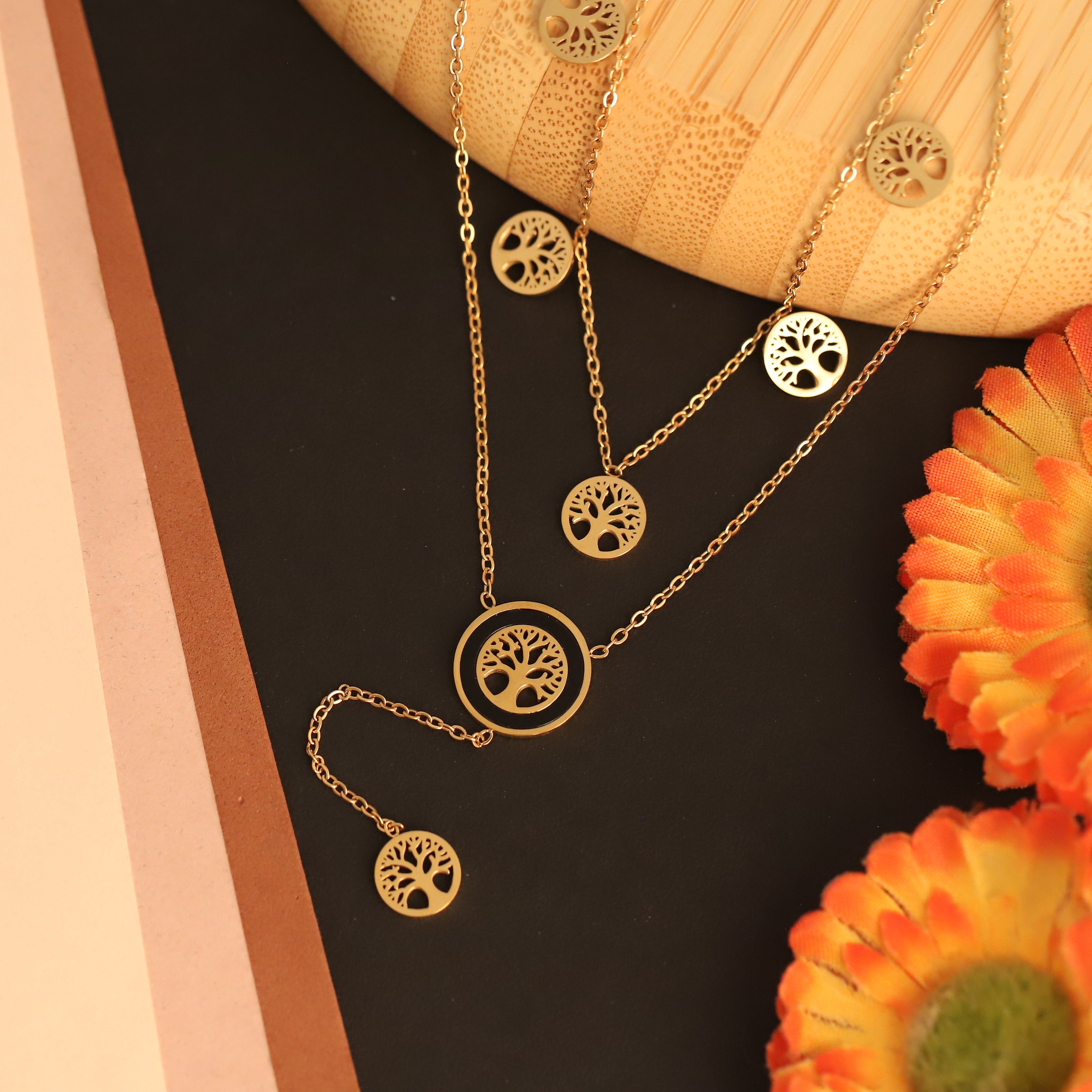 Life Tree Charms Chain Gold Plated – Double Layer, Anti-Tarnish, Waterproof, Minimalist Style (GOLD)