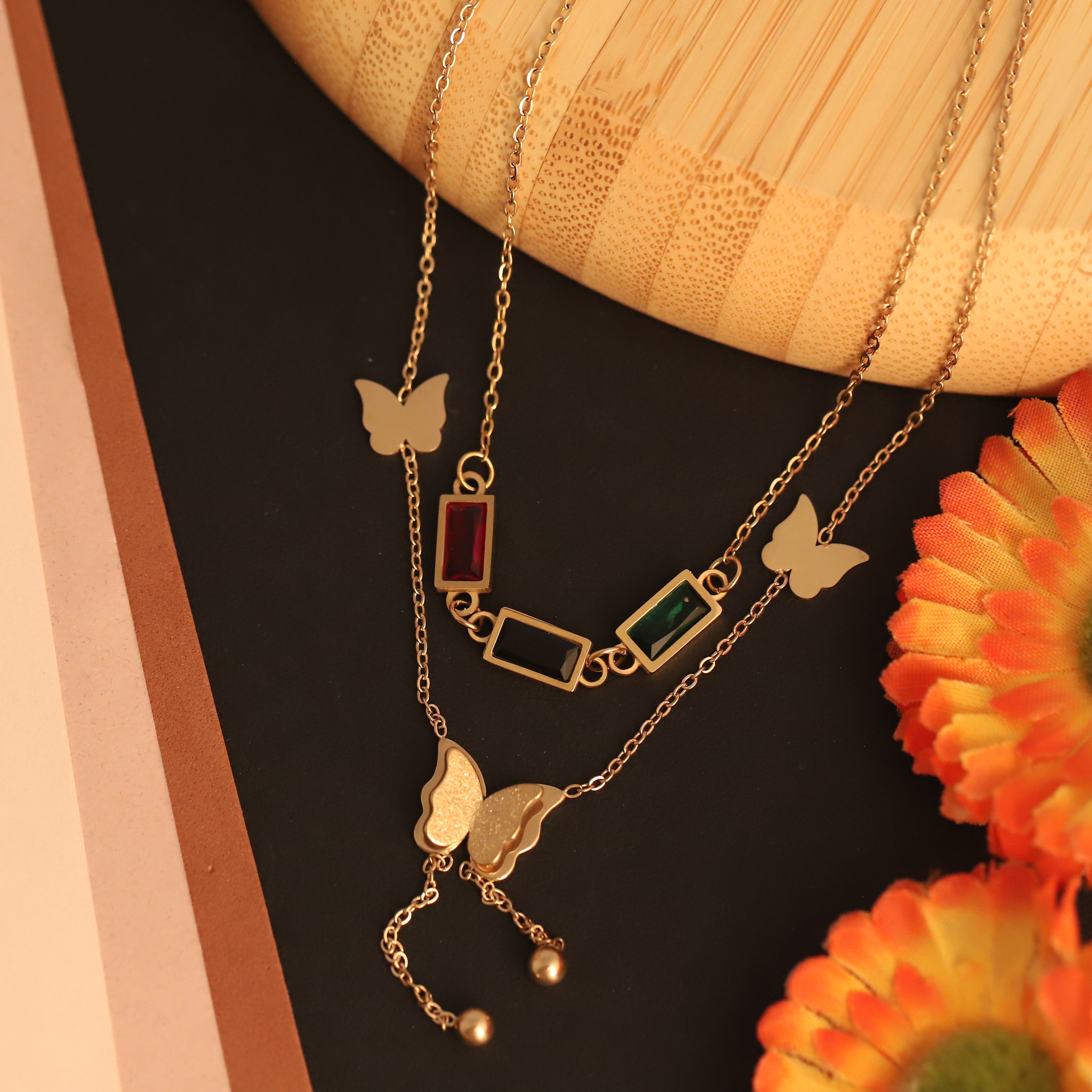 Butterfly Charm Multi Color Stone Chain Gold Plated – Double Layer, Anti-Tarnish, Waterproof, Minimalist Style (GOLD)