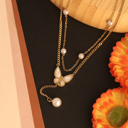 Butterfly Pearl Charms Chain Gold Plated – Double Layer, Anti-Tarnish, Waterproof, Minimalist Style (GOLD)