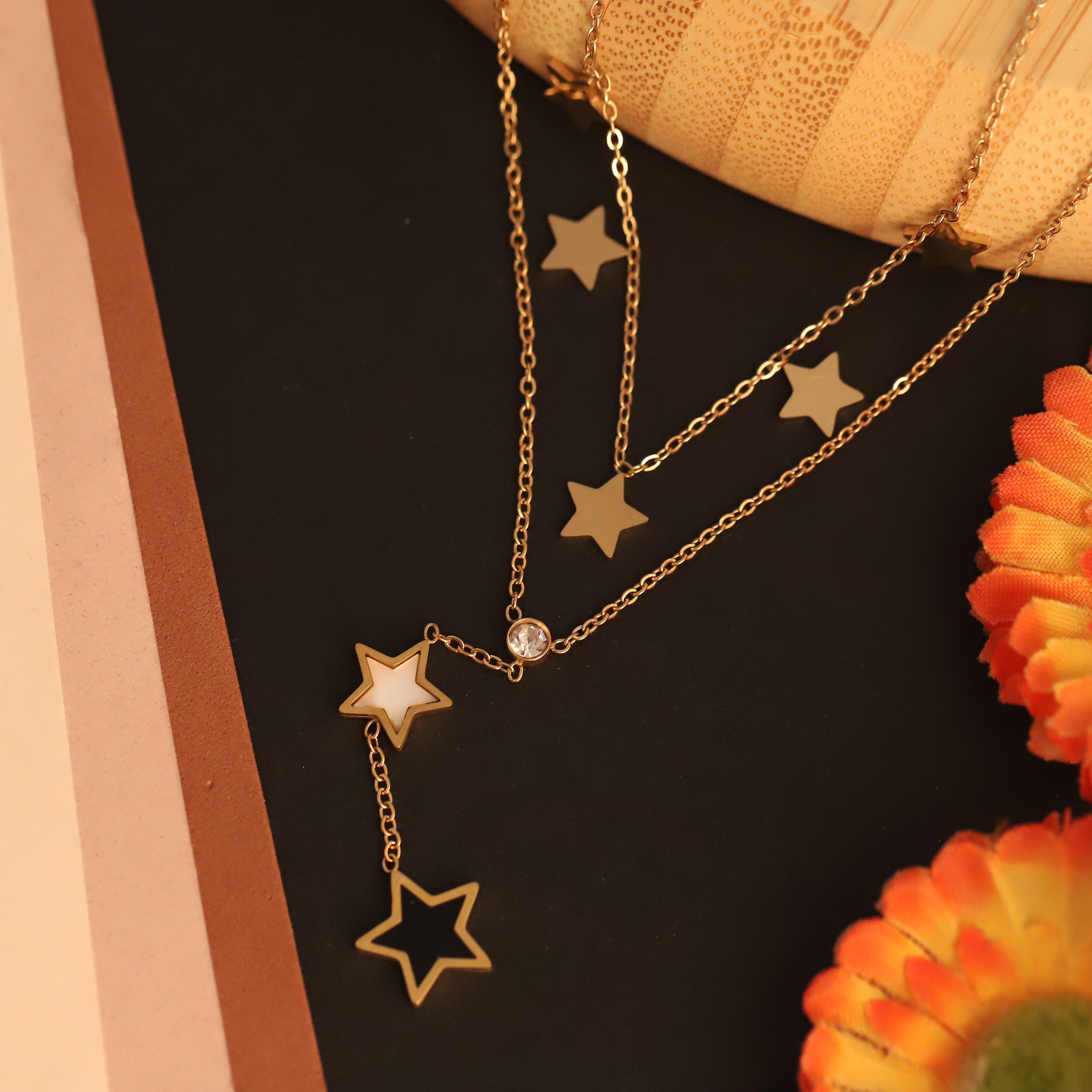 Star Charms Chain Gold Plated – Double Layer, Anti-Tarnish, Waterproof, Minimalist Style (GOLD)
