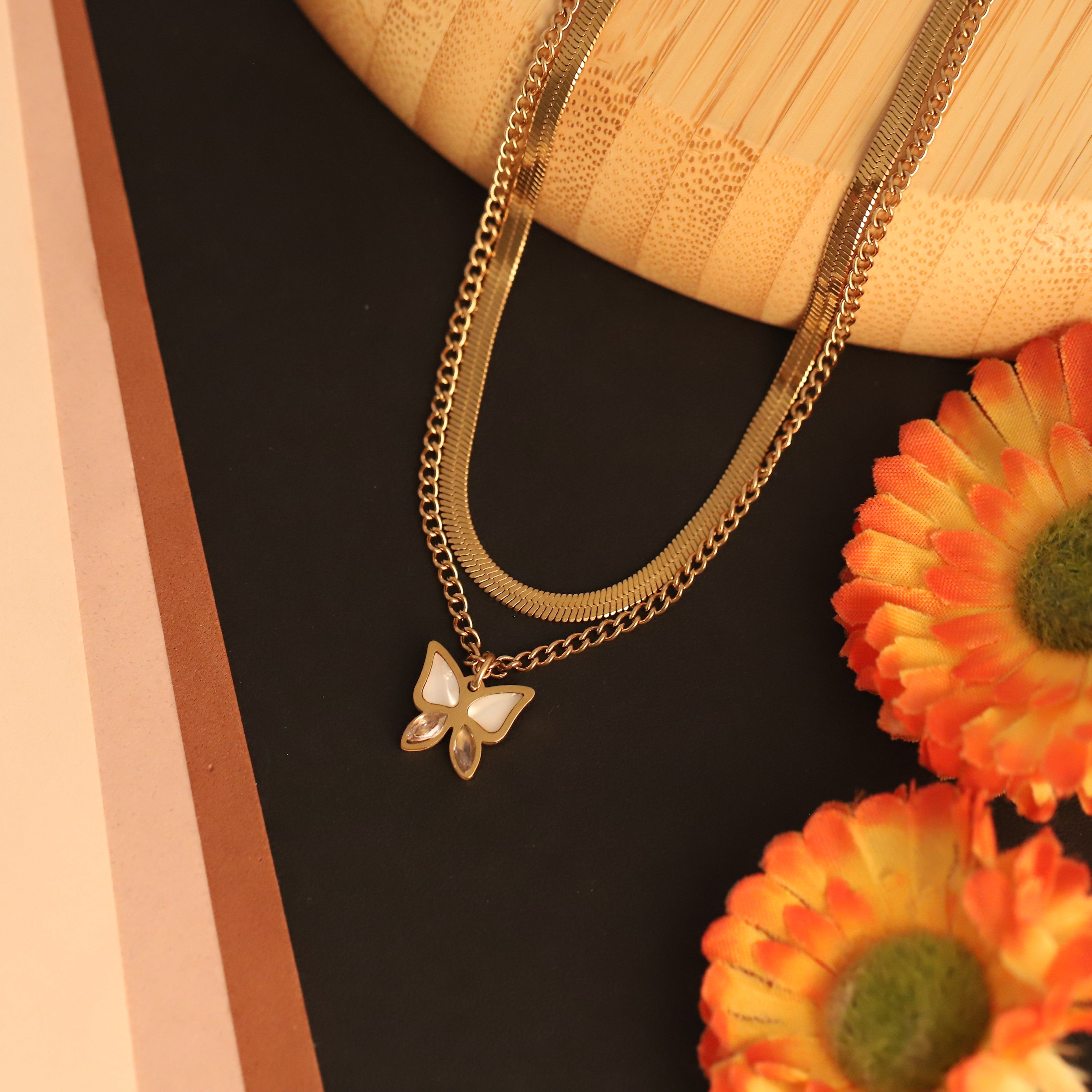 Butterfly Charms Snake Chain Gold Plated – Double Layer, Anti-Tarnish, Waterproof, Minimalist Style (GOLD)