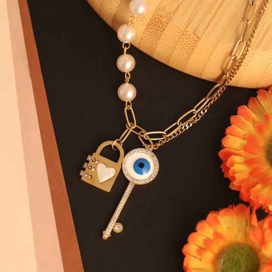 Lock Key Evil Eye Charm Chain Gold Plated – Double Layer, Anti-Tarnish, Waterproof, Minimalist Style (GOLD)