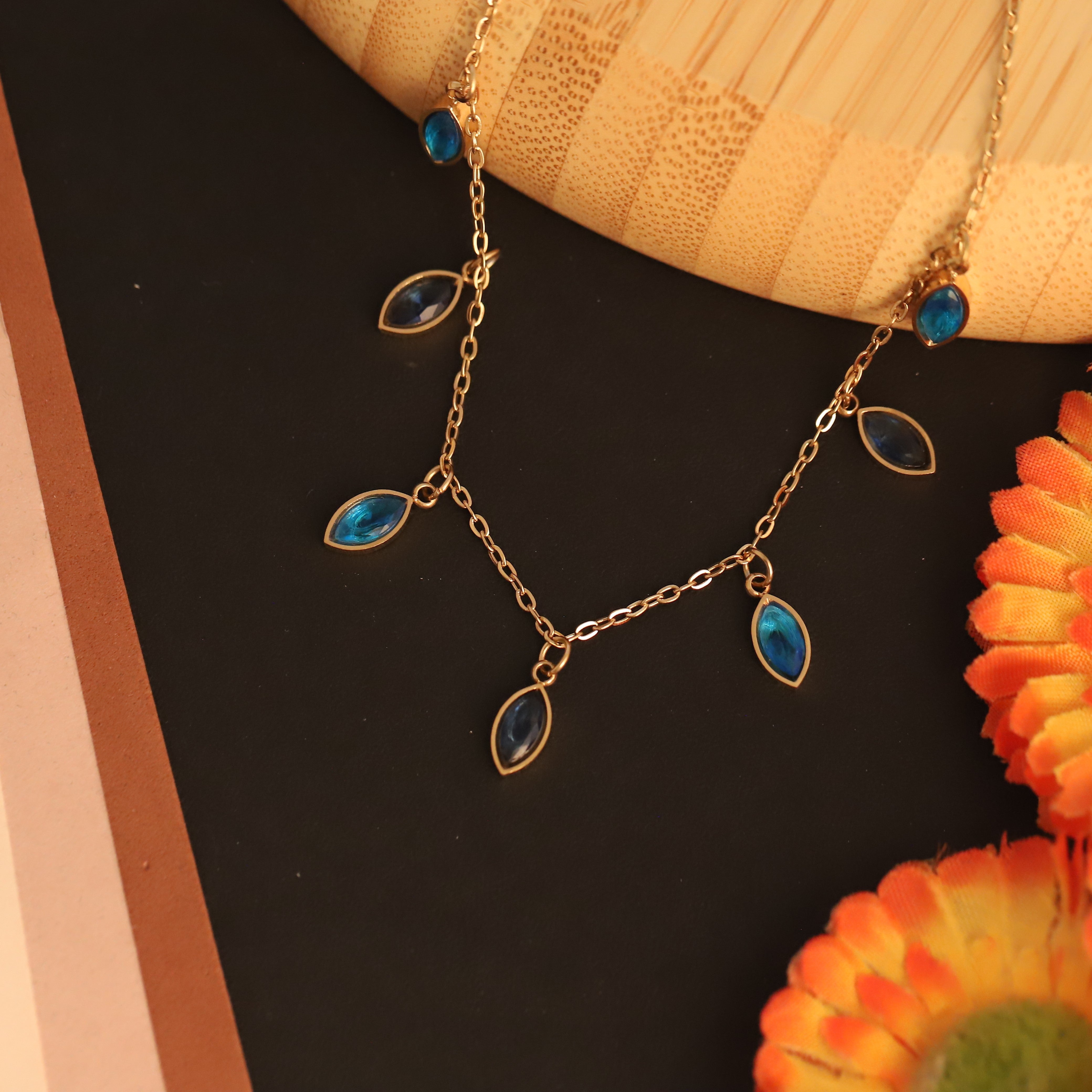 Drops Blue Stone Charms Chain Gold Plated – Single Layer, Anti-Tarnish, Waterproof, Minimalist Style (GOLD)