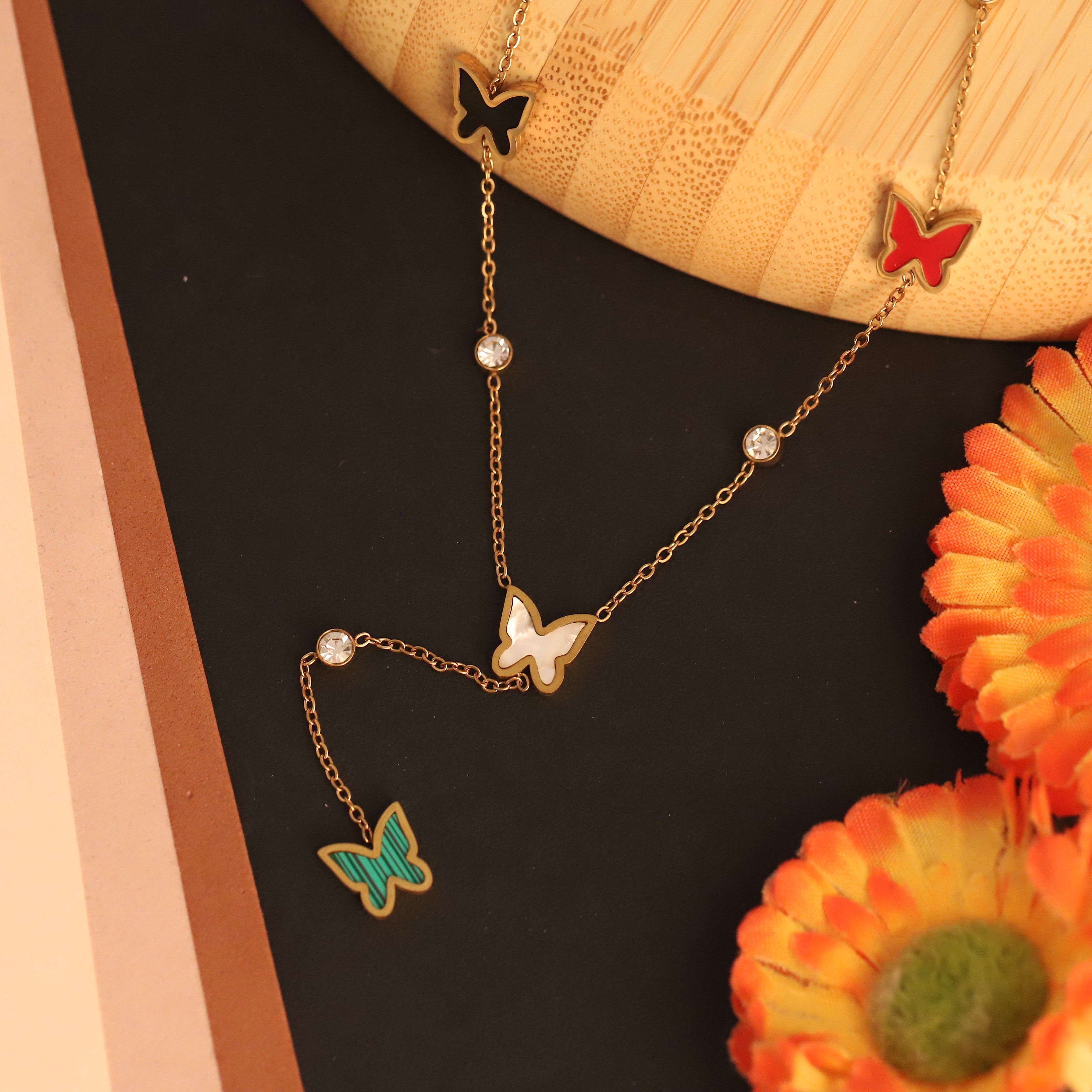 Butterfly Charm Multi Color Chain Gold Plated – Single Layer, Anti-Tarnish, Waterproof, Minimalist Style (GOLD)