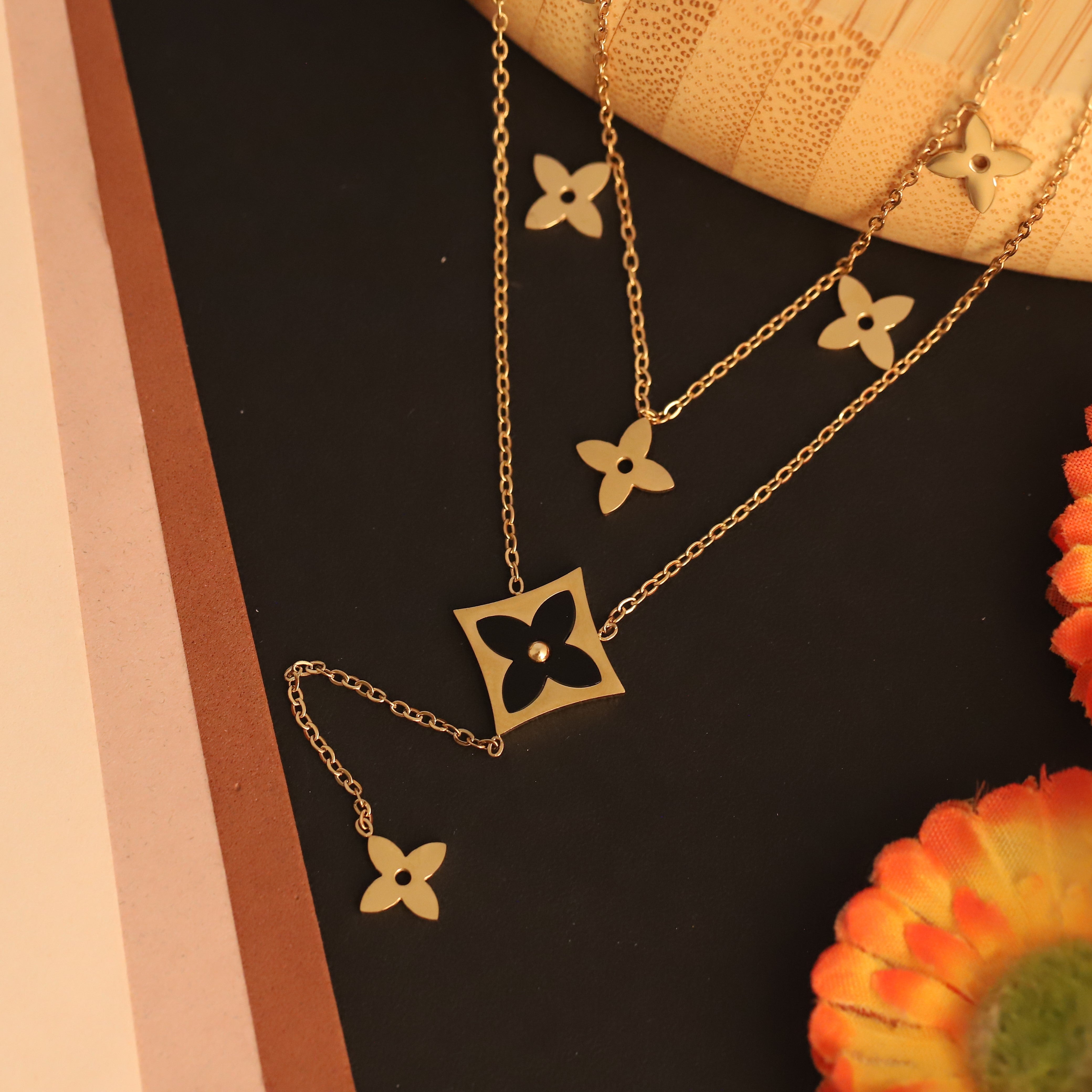 Flower Charms Chain Gold Plated – Double Layer, Anti-Tarnish, Waterproof, Minimalist Style (GOLD)