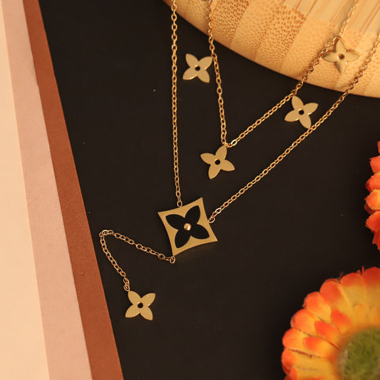 Flower Charms Chain Gold Plated – Double Layer, Anti-Tarnish, Waterproof, Minimalist Style (GOLD)