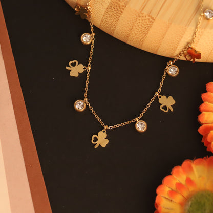 Flower Charms White Stones Chain Gold Plated – Single Layer, Anti-Tarnish, Waterproof, Minimalist Style (GOLD)