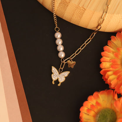 Butterfly Charm Pearl Chain Gold Plated – Single Layer, Anti-Tarnish, Waterproof, Minimalist Style (GOLD)