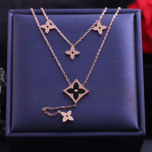 Flower Charm White Stones Chain Gold Plated – Double Layer, Anti-Tarnish, Waterproof, Minimalist Style (GOLD)