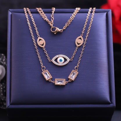 Evil Eye Charm White Stones Chain Gold Plated – Double Layer, Anti-Tarnish, Waterproof, Minimalist Style (GOLD)