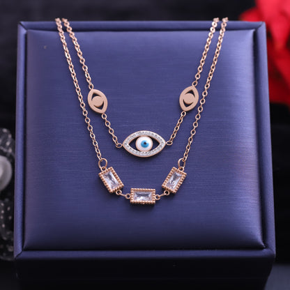Evil Eye Charm White Stones Chain Gold Plated – Double Layer, Anti-Tarnish, Waterproof, Minimalist Style (GOLD)