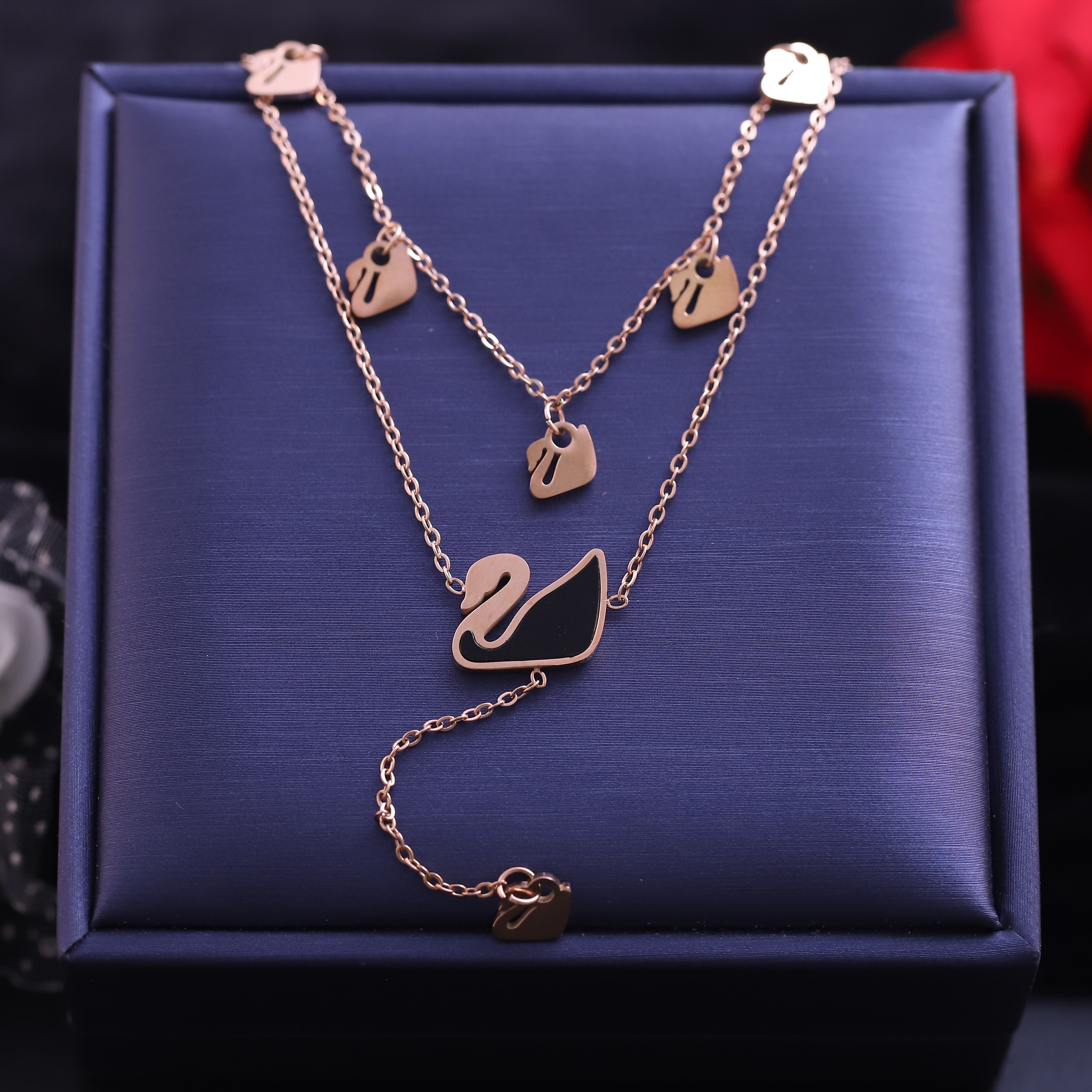 Swan Charms Chain Gold Plated – Double Layer, Anti-Tarnish, Waterproof, Minimalist Style (GOLD)