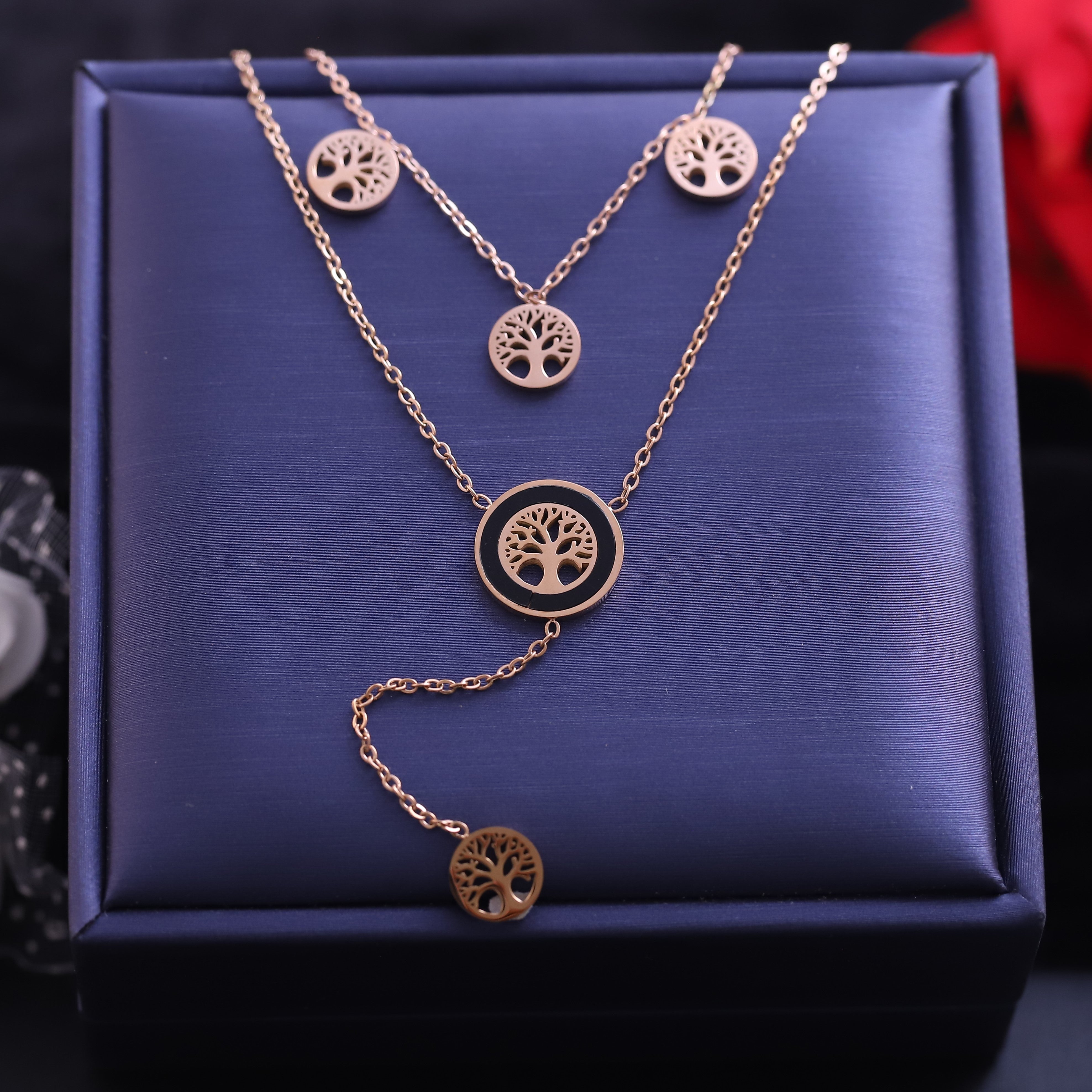 Life Tree Charm Chain Gold Plated – Double Layer, Anti-Tarnish, Waterproof, Minimalist Style (GOLD)