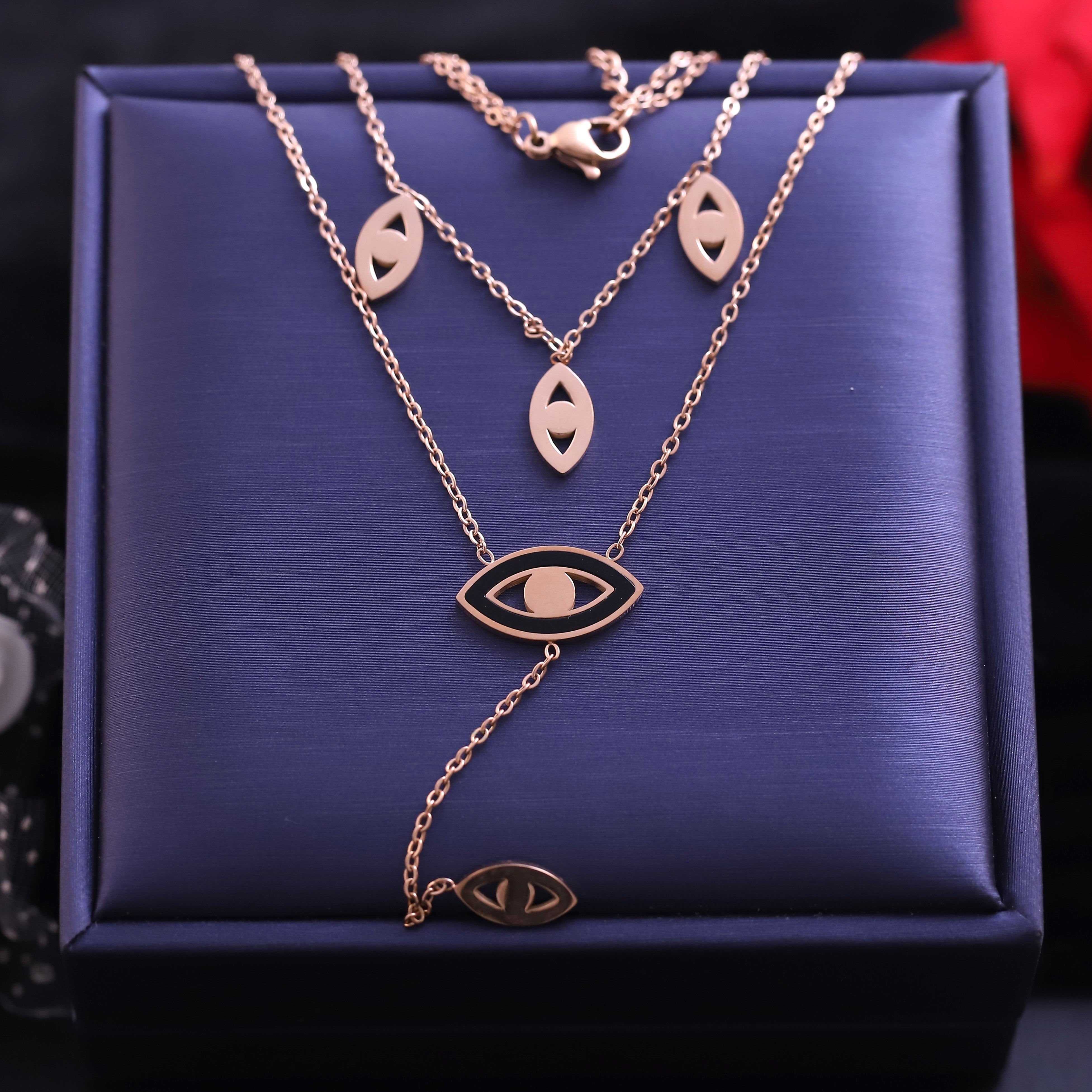 Evil Eye Charm Snake Chain Gold Plated – Double Layer, Anti-Tarnish, Waterproof, Minimalist Style (GOLD)