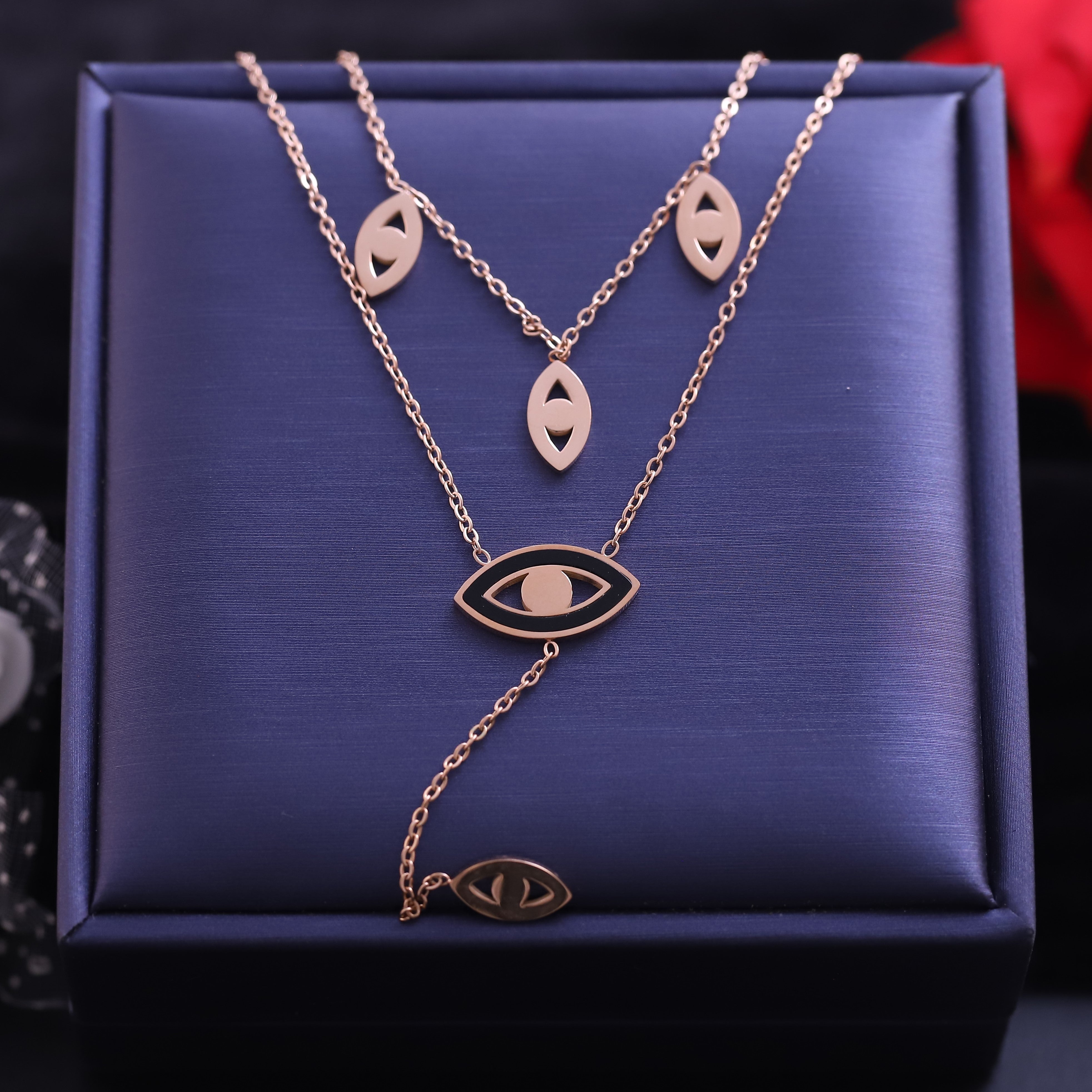 Evil Eye Charm Snake Chain Gold Plated – Double Layer, Anti-Tarnish, Waterproof, Minimalist Style (GOLD)