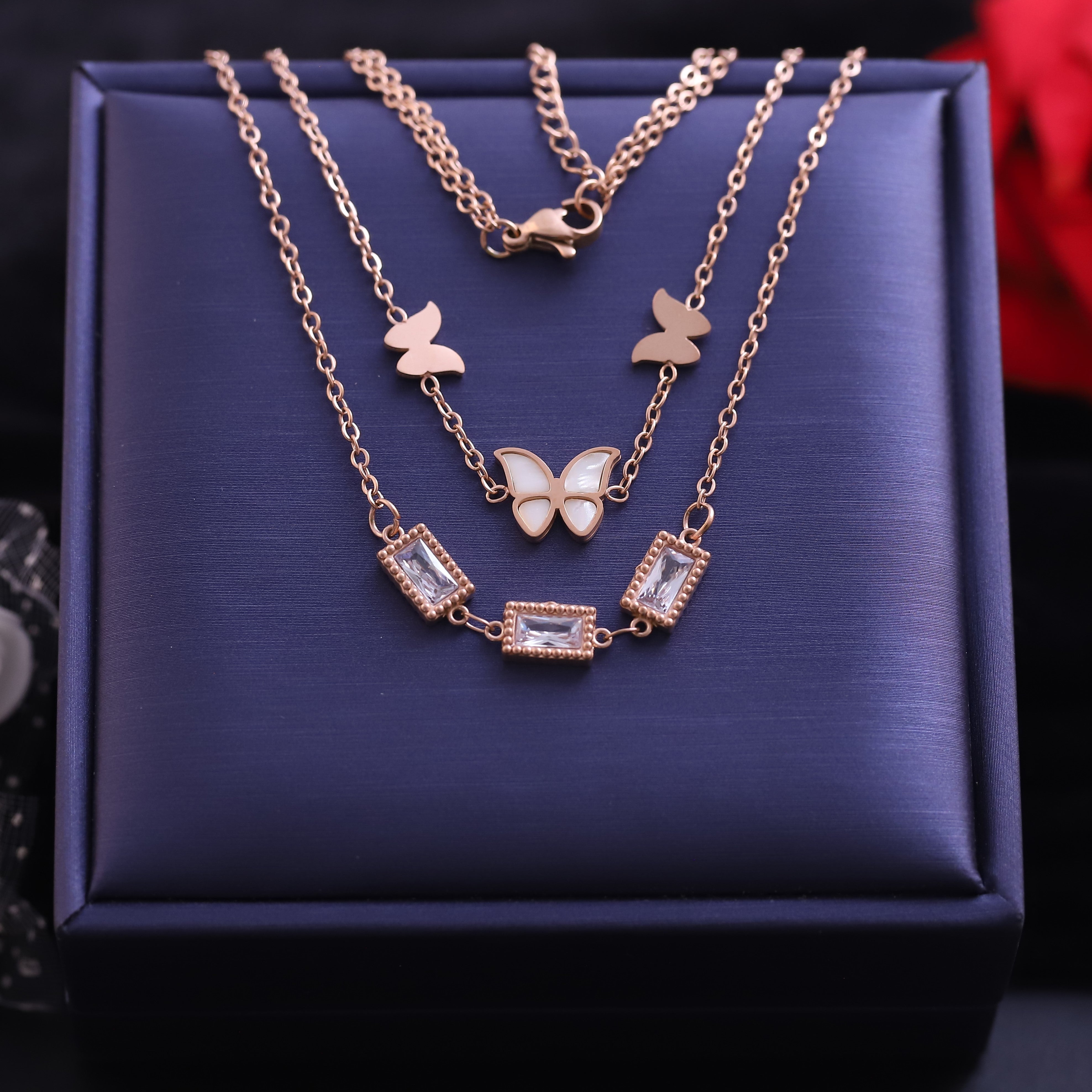 Butterfly Charm White Stones Chain Gold Plated – Double Layer, Anti-Tarnish, Waterproof, Minimalist Style (GOLD)