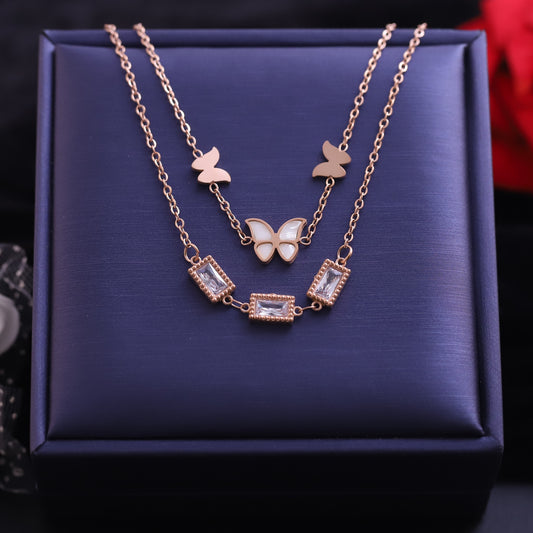 Butterfly Charm White Stones Chain Gold Plated – Double Layer, Anti-Tarnish, Waterproof, Minimalist Style (GOLD)