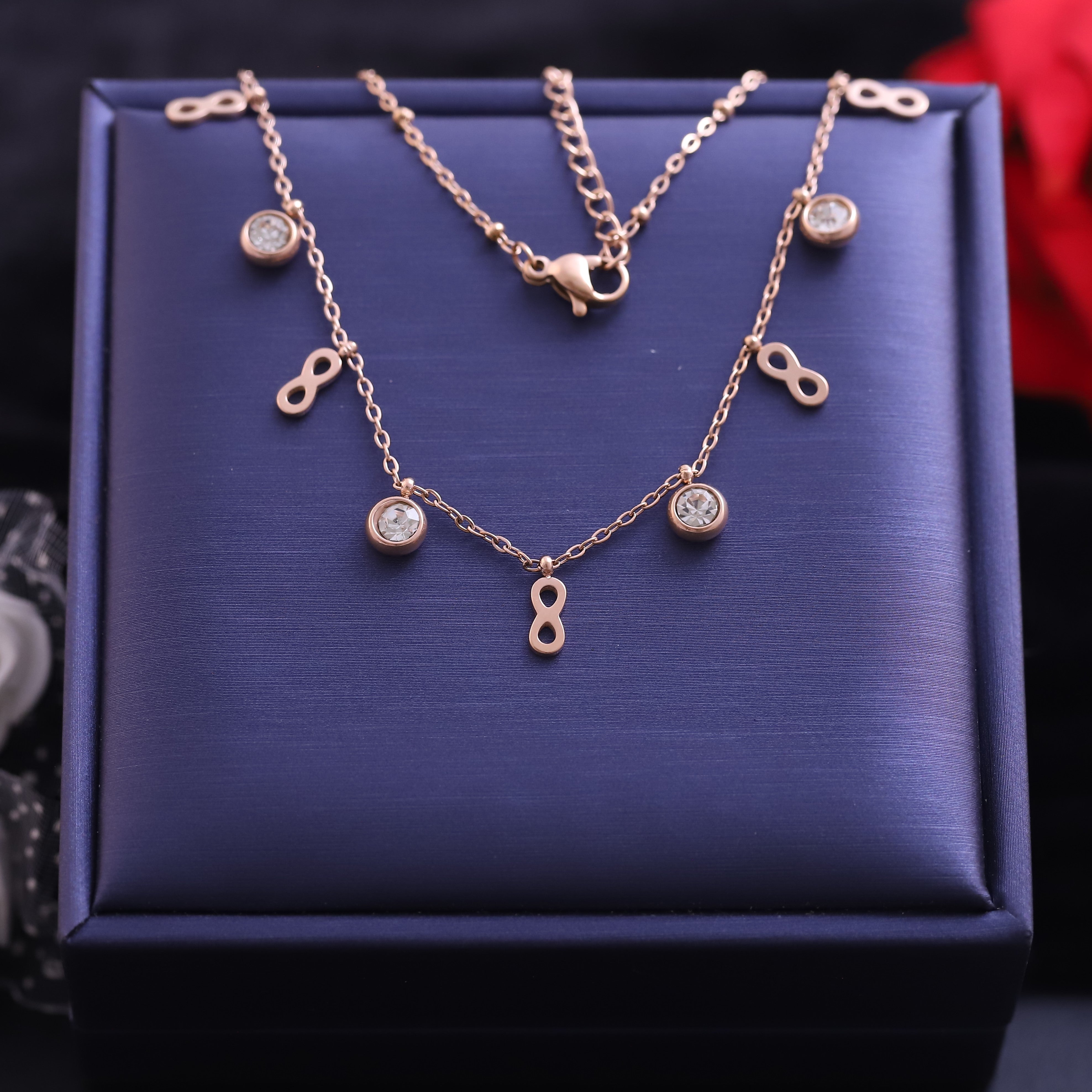 Infinity Charms White Stones Chain Gold Plated – Single Layer, Anti-Tarnish, Waterproof, Minimalist Style (GOLD)