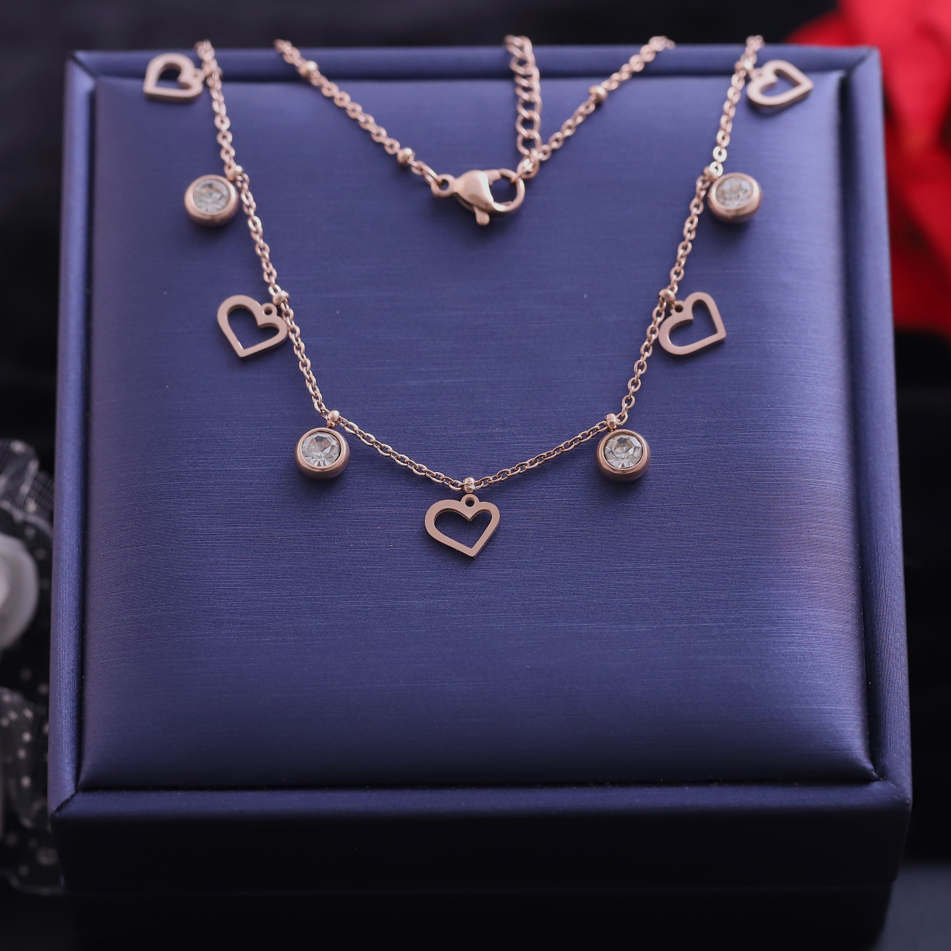 Heart Charms White Stones Chain Gold Plated – Single Layer, Anti-Tarnish, Waterproof, Minimalist Style (GOLD)