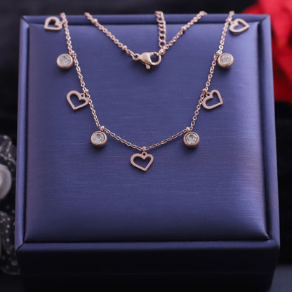 Heart Charms White Stones Chain Gold Plated – Single Layer, Anti-Tarnish, Waterproof, Minimalist Style (GOLD)
