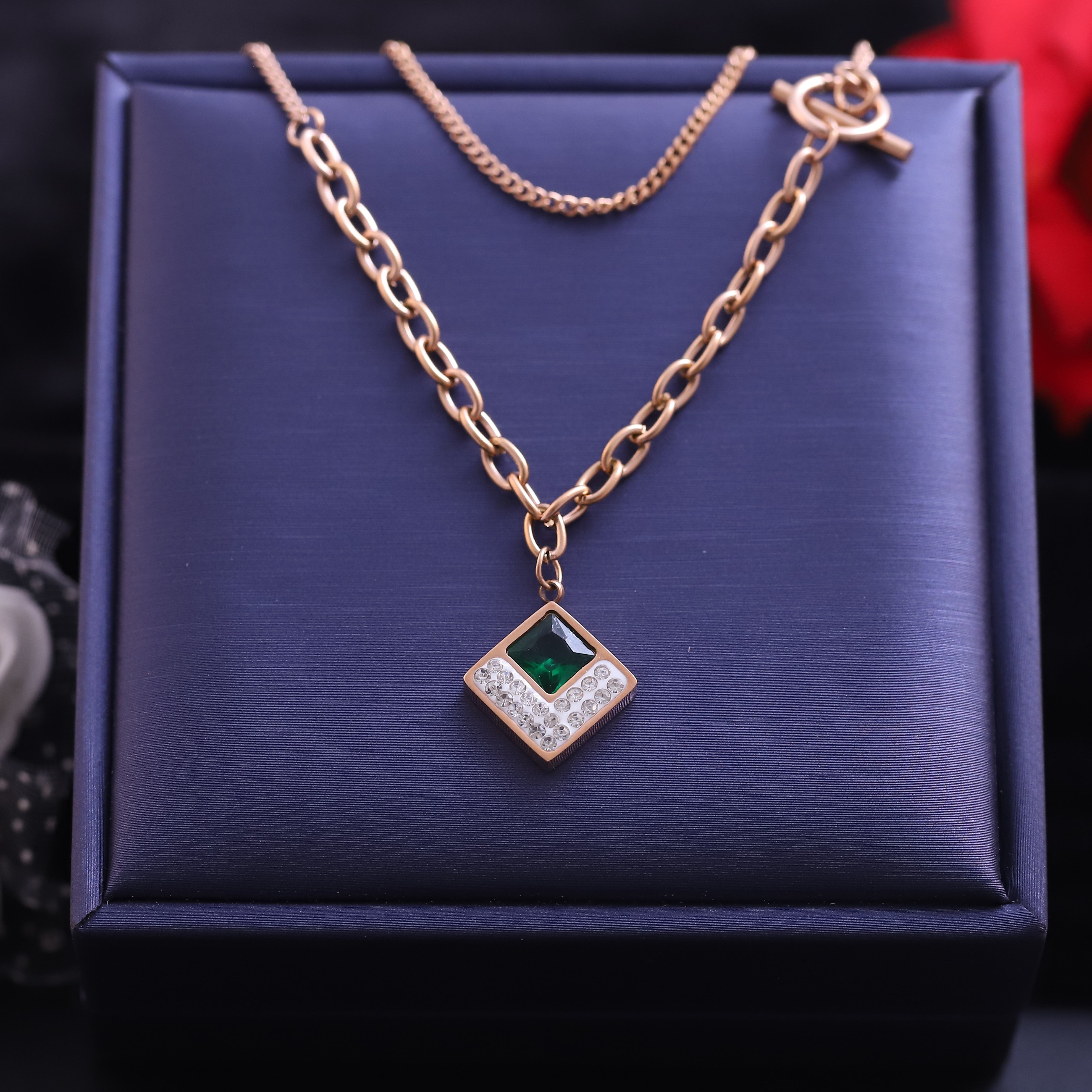 Trendy Green Stone AD Charm Chain Gold Plated – Single Layer, Anti-Tarnish, Waterproof, Minimalist Style (GOLD)