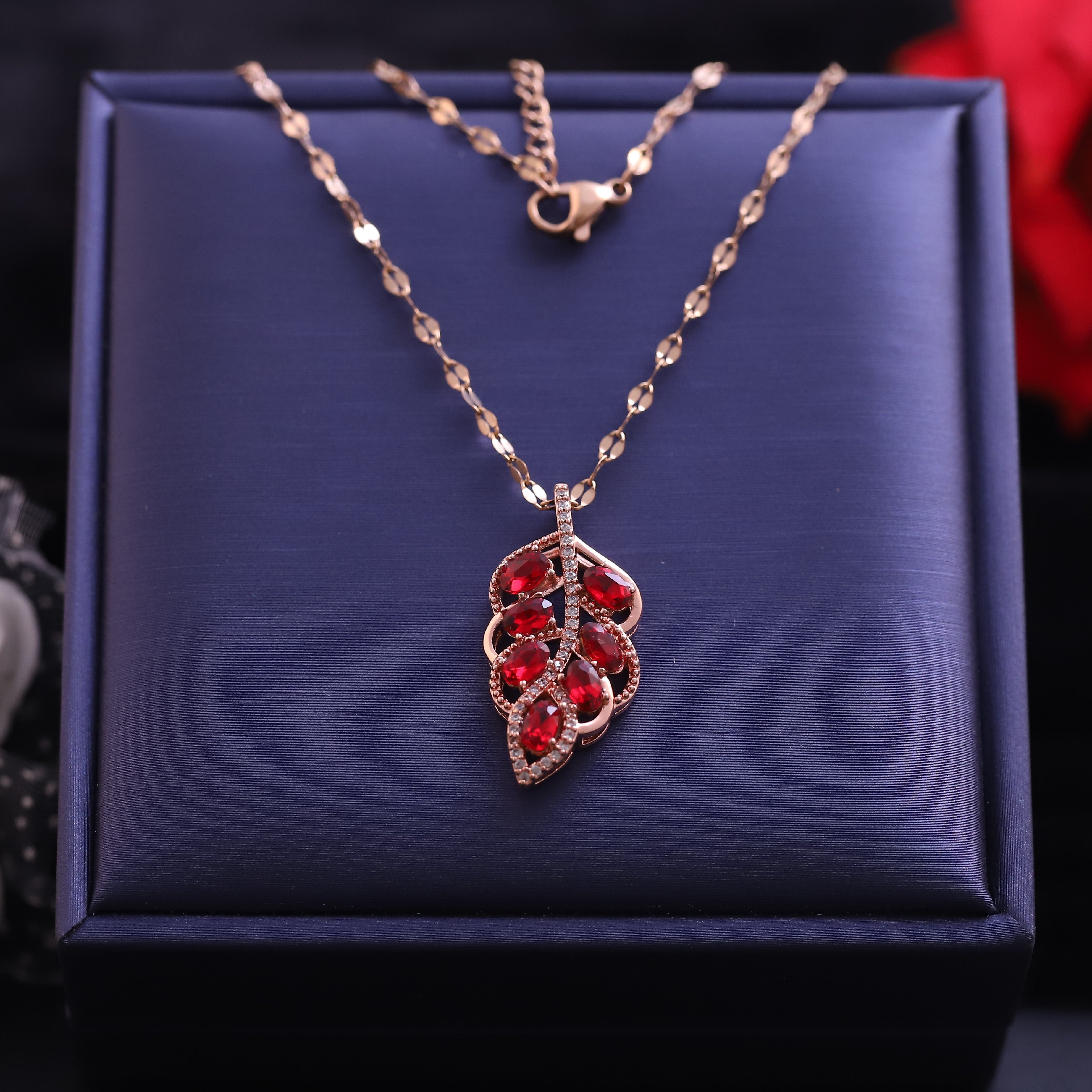 Leaf Charm Red Stones Gold Plated – Single Layer, Anti-Tarnish, Waterproof, Minimalist Style (GOLD)