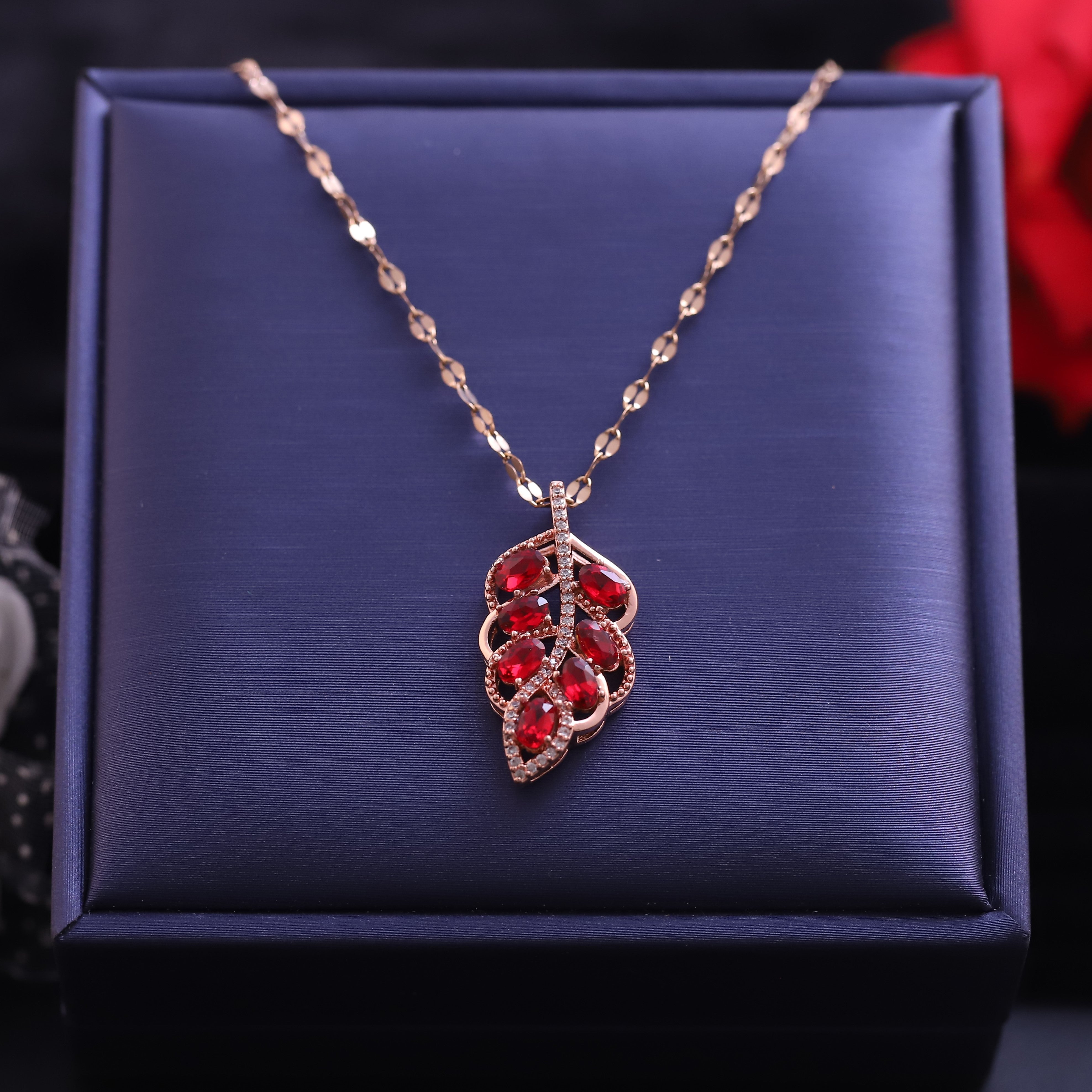 Leaf Charm Red Stones Gold Plated – Single Layer, Anti-Tarnish, Waterproof, Minimalist Style (GOLD)