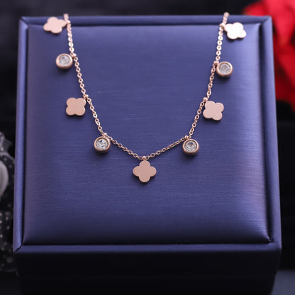 Flower Charms White Stones Chain Gold Plated – Single Layer, Anti-Tarnish, Waterproof, Minimalist Style (GOLD)