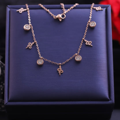 Snake Charms White Stones Chain Gold Plated – Single Layer, Anti-Tarnish, Waterproof, Minimalist Style (GOLD)