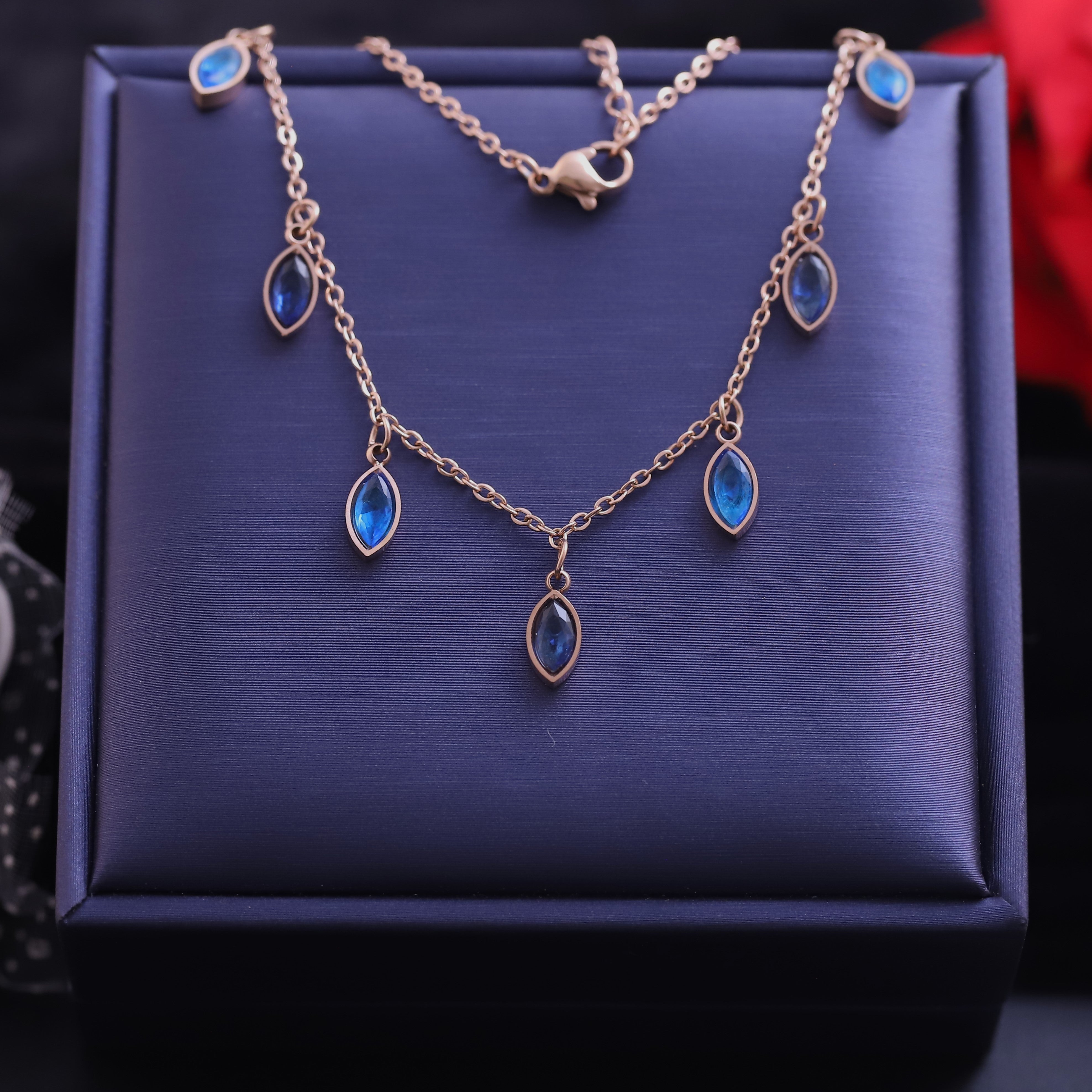 Drops Blue Stone Charms Chain Gold Plated – Single Layer, Anti-Tarnish, Waterproof, Minimalist Style (GOLD)