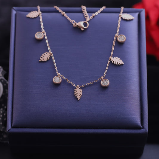 Leaf Charms White Stones Chain Gold Plated – Single Layer, Anti-Tarnish, Waterproof, Minimalist Style (GOLD)