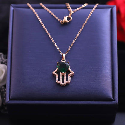 Hamza Charm Green Stone Gold Plated – Single Layer, Anti-Tarnish, Waterproof, Minimalist Style (GOLD)