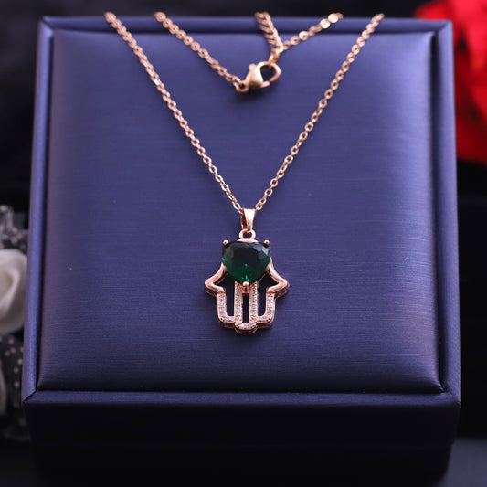 Hamza Charm Green Stone Gold Plated – Single Layer, Anti-Tarnish, Waterproof, Minimalist Style (GOLD)
