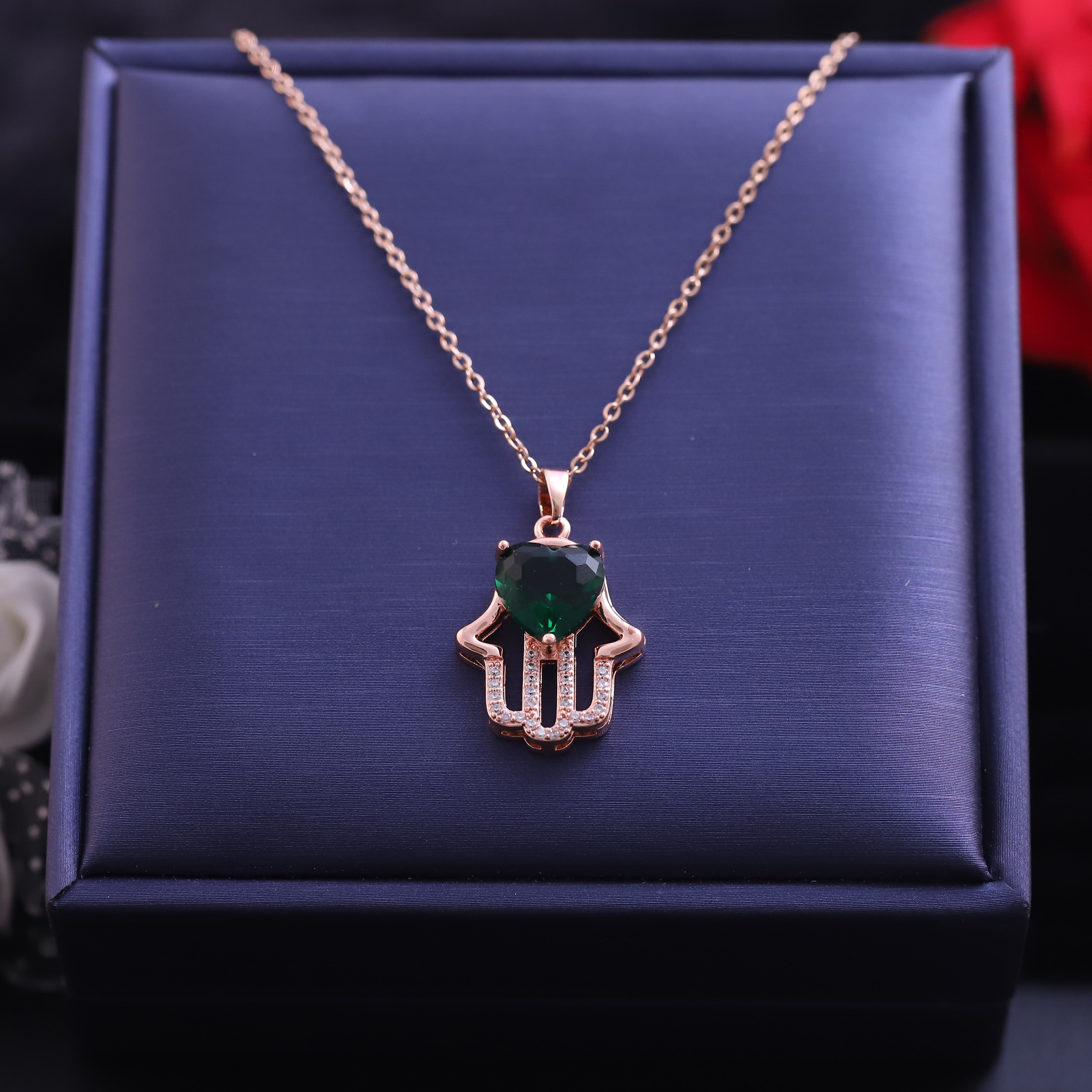 Hamza Charm Green Stone Gold Plated – Single Layer, Anti-Tarnish, Waterproof, Minimalist Style (GOLD)