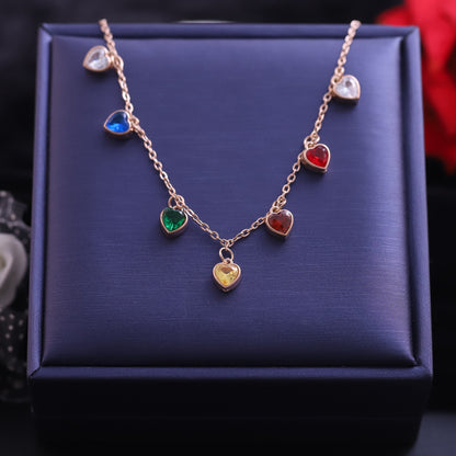 Zircon Heart Multi Color Charms Chain Gold Plated – Single Layer, Anti-Tarnish, Waterproof, Minimalist Style (GOLD)