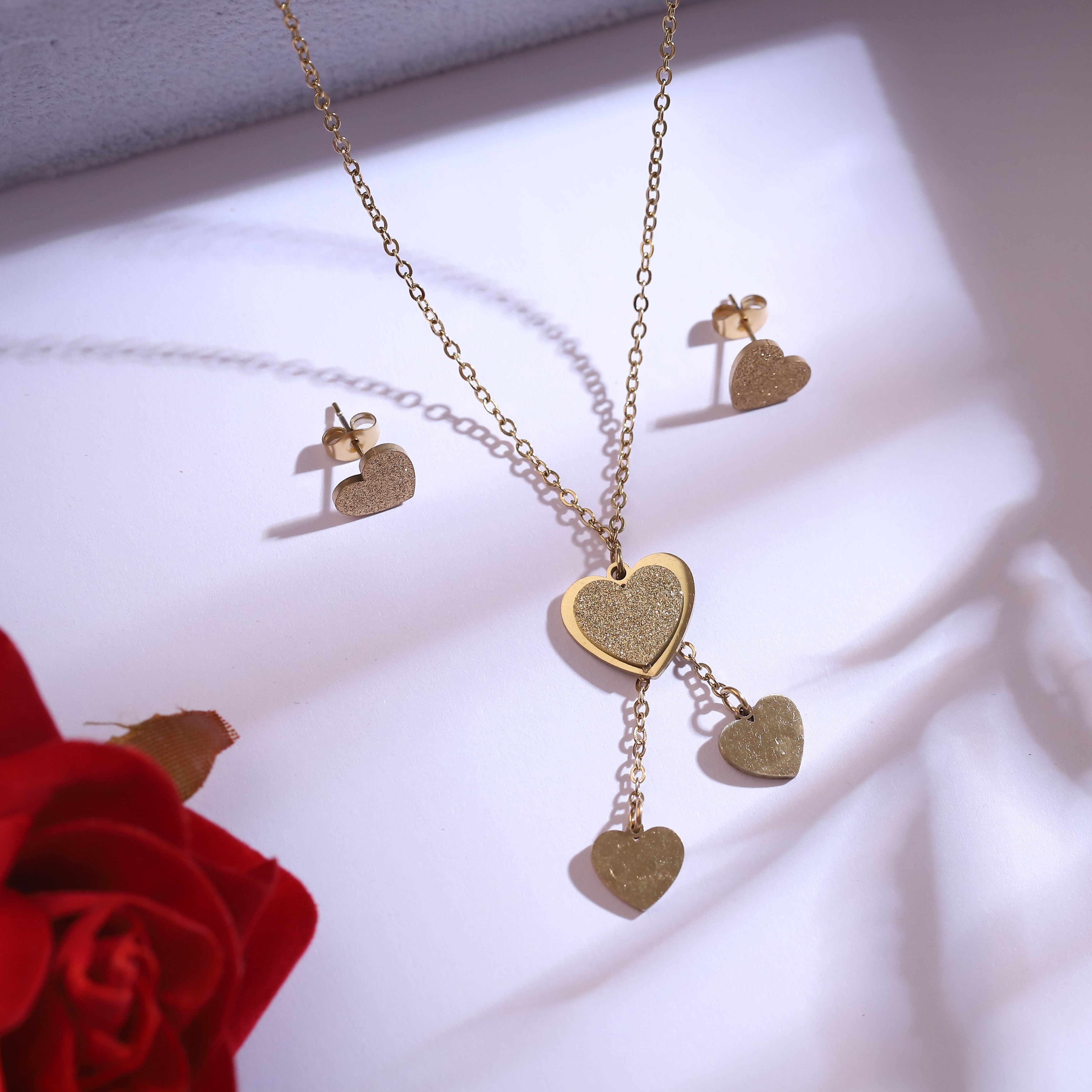 Trendy Heart Chain Stud Earrings Set – 18K Gold Plated, Anti-Tarnish, Waterproof, Everyday Minimalist Jewelry (GOLD)