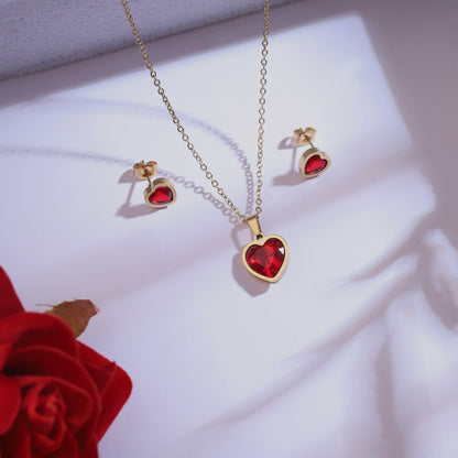 Trendy Heart Red Stone Chain and  Stud Earrings Set – Multi Layer ,18K Gold Plated, Anti-Tarnish, Waterproof, Everyday Minimalist Jewelry (GOLD)