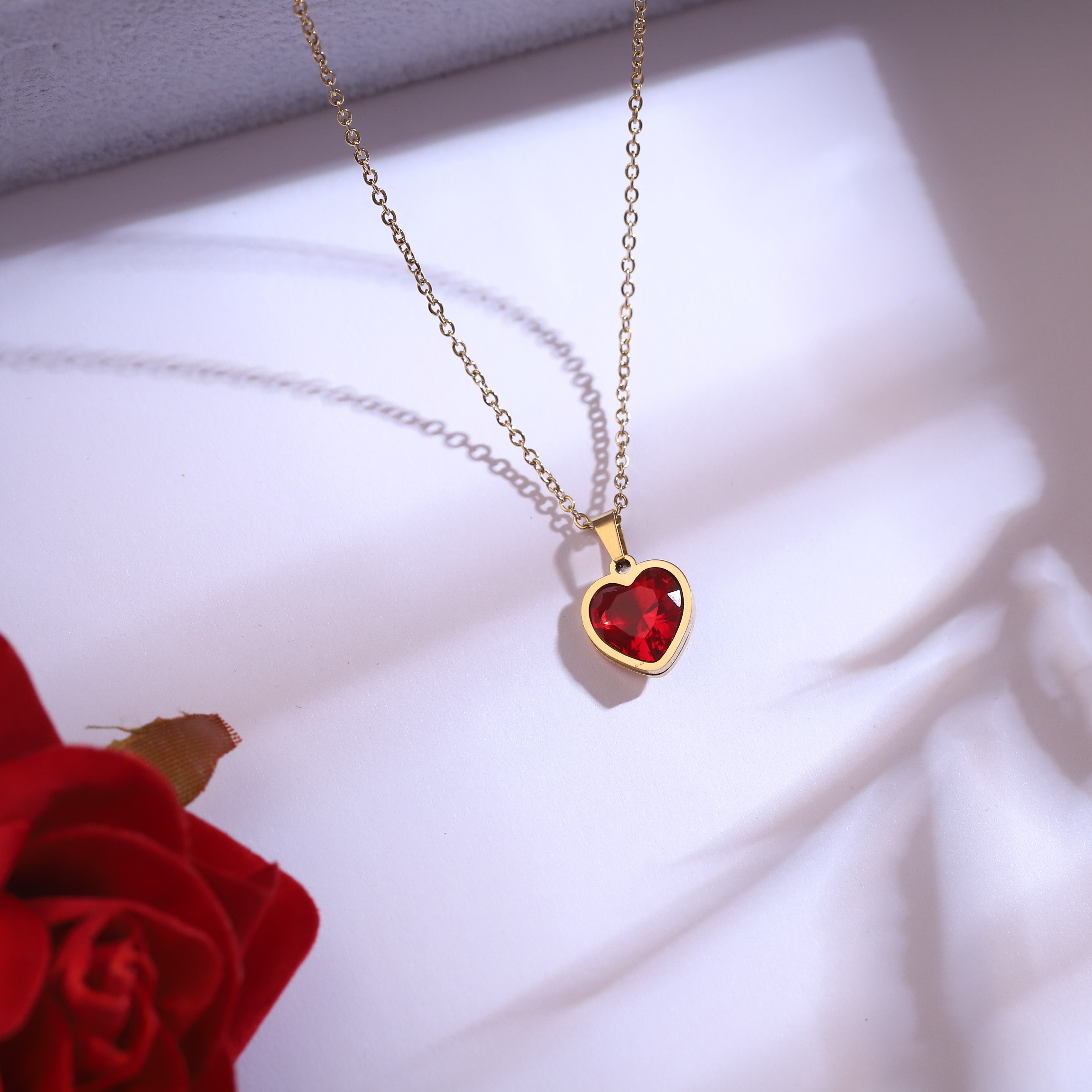 Trendy Heart Red Stone Chain and  Stud Earrings Set – Multi Layer ,18K Gold Plated, Anti-Tarnish, Waterproof, Everyday Minimalist Jewelry (GOLD)