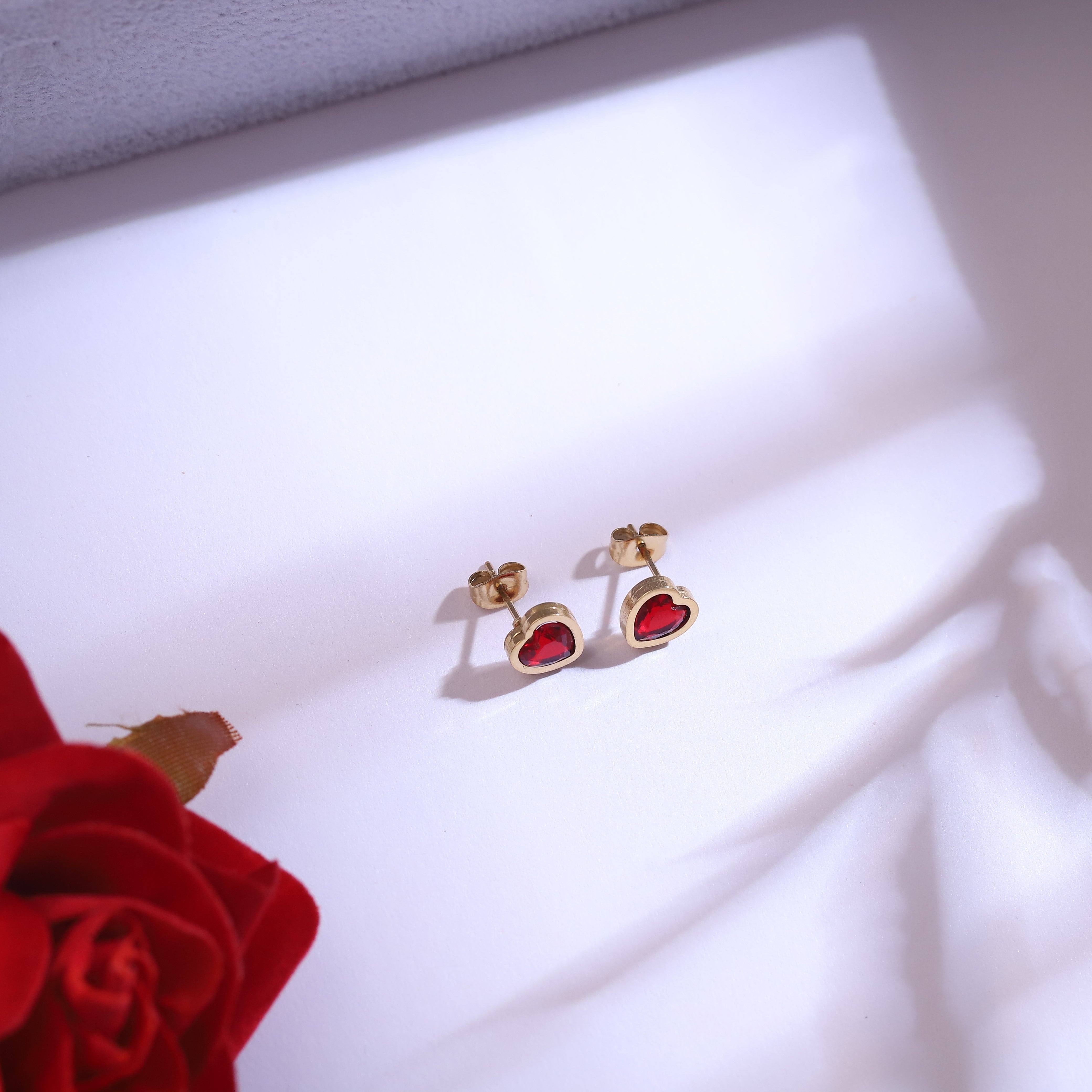 Trendy Heart Red Stone Chain and  Stud Earrings Set – Multi Layer ,18K Gold Plated, Anti-Tarnish, Waterproof, Everyday Minimalist Jewelry (GOLD)
