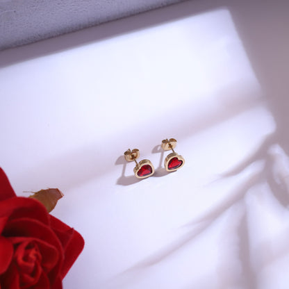 Trendy Heart Red Stone Chain and  Stud Earrings Set – Multi Layer ,18K Gold Plated, Anti-Tarnish, Waterproof, Everyday Minimalist Jewelry (GOLD)