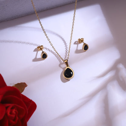 Trendy Black Stone Chain and  Stud Earrings Set – Multi Layer ,18K Gold Plated, Anti-Tarnish, Waterproof, Everyday Minimalist Jewelry (GOLD)
