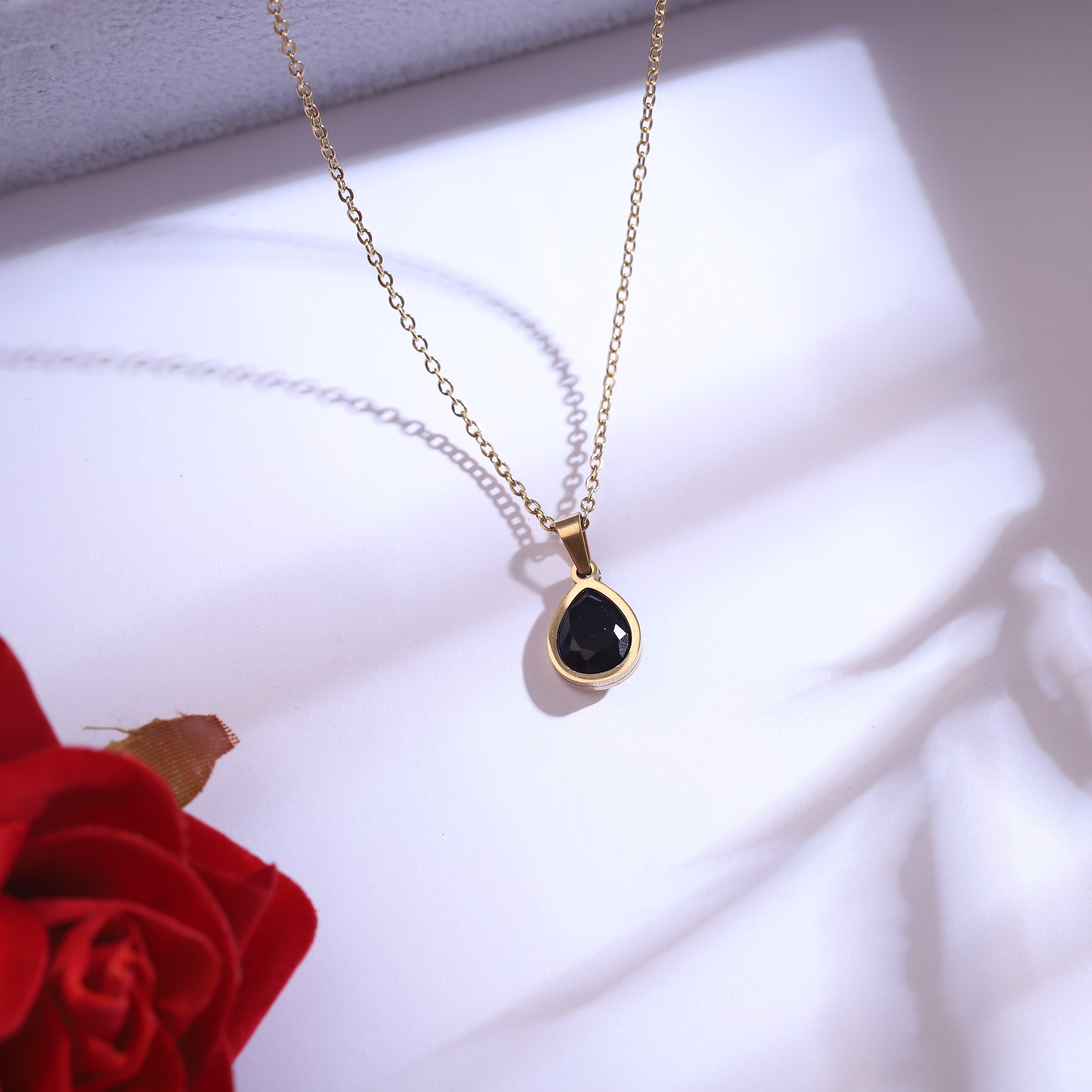 Trendy Black Stone Chain and  Stud Earrings Set – Multi Layer ,18K Gold Plated, Anti-Tarnish, Waterproof, Everyday Minimalist Jewelry (GOLD)