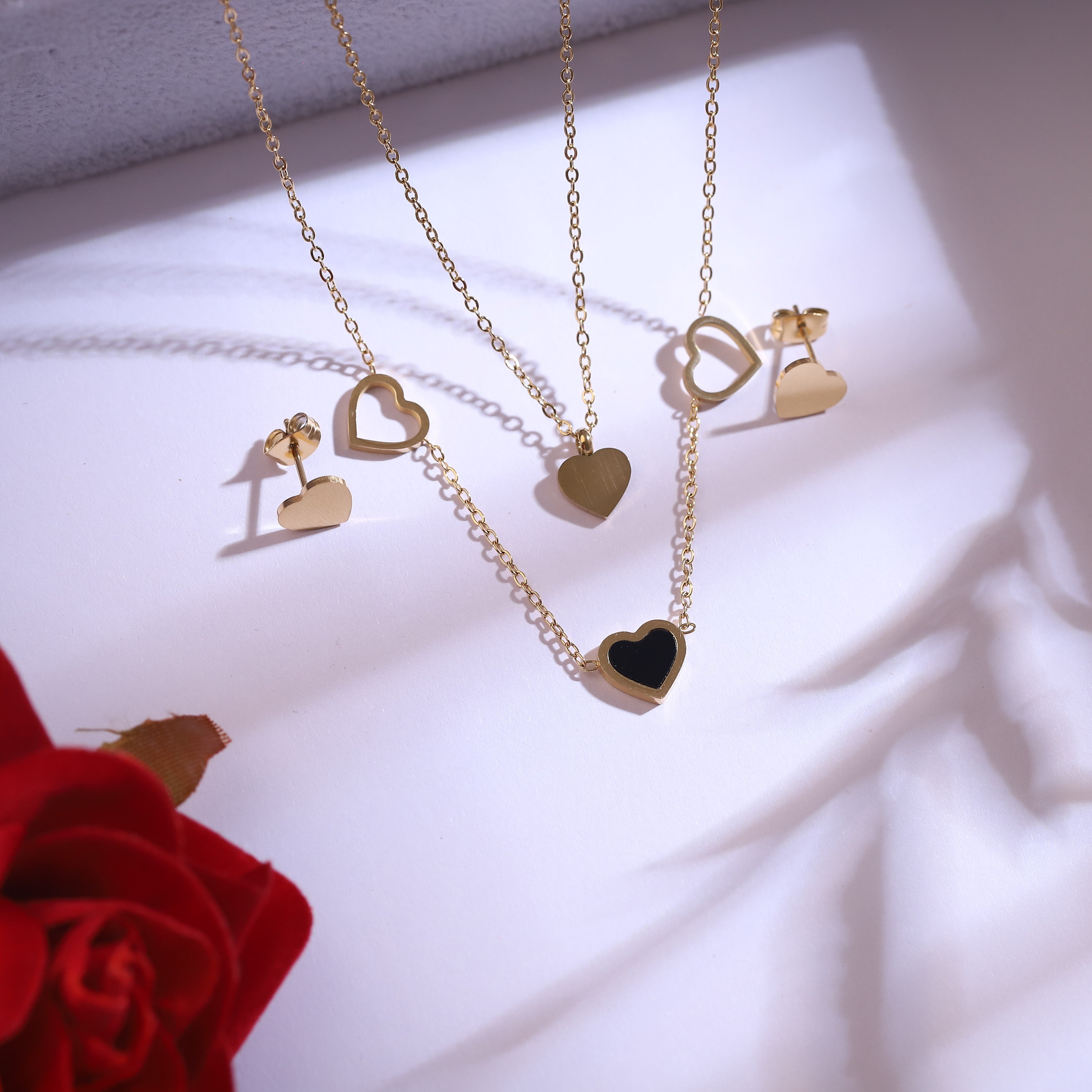 Trendy Heart Chain and  Stud Earrings Set – 18K Gold Plated, Anti-Tarnish, Waterproof, Everyday Minimalist Jewelry (GOLD)