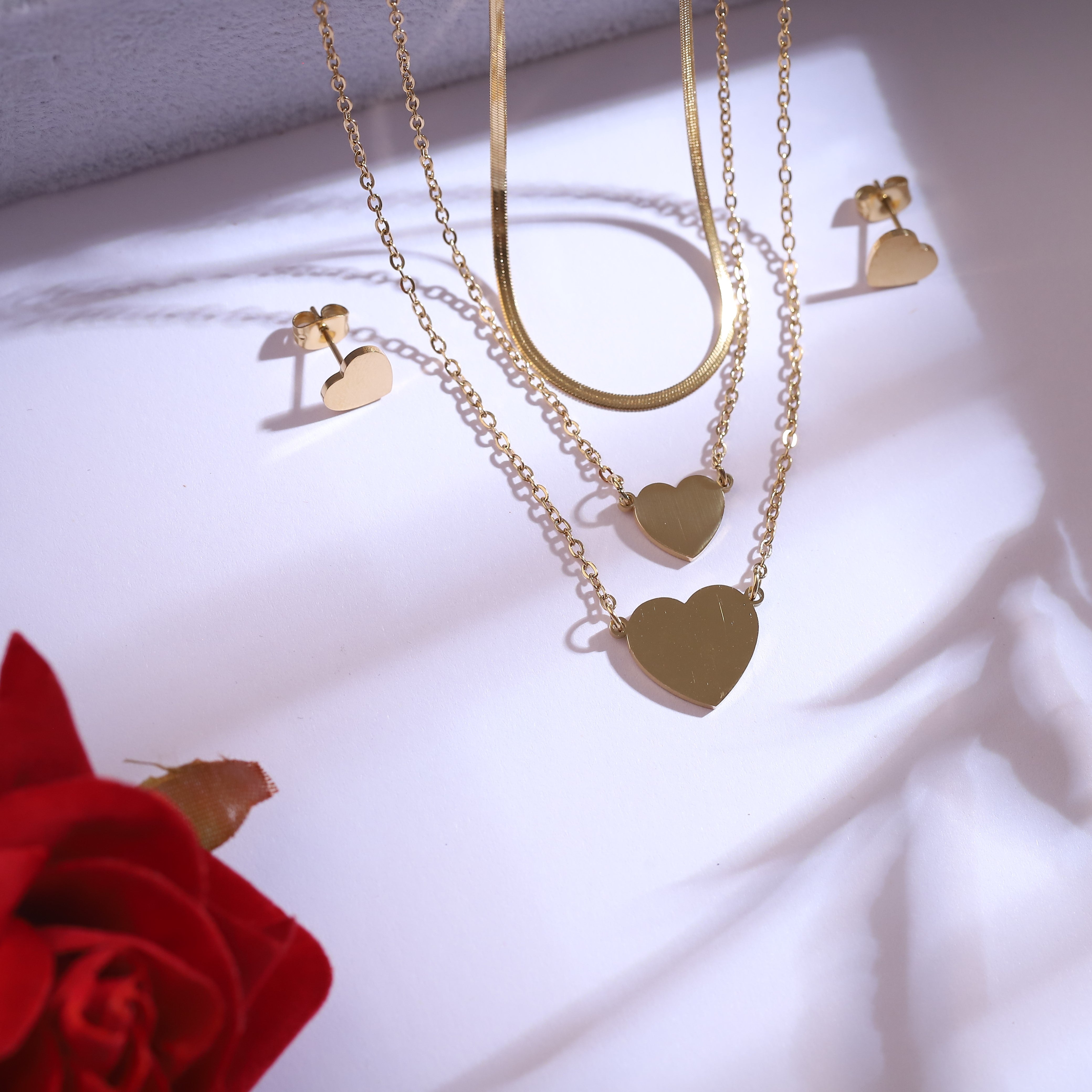 Trendy Heart Chain and  Stud Earrings Set – Multi Layer ,18K Gold Plated, Anti-Tarnish, Waterproof, Everyday Minimalist Jewelry (GOLD)