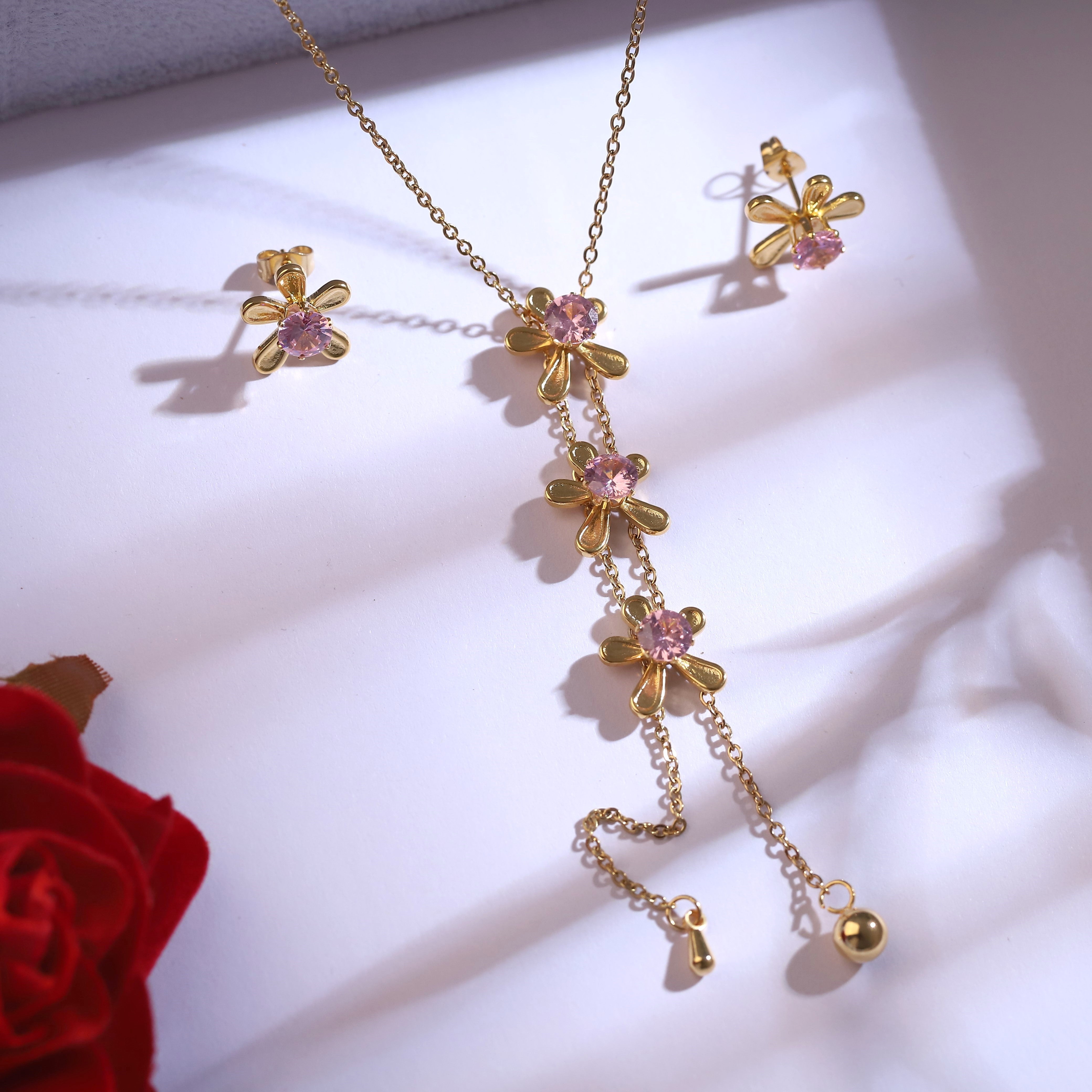 Flower Charm Chain Stud Earrings Set – Multi Layer, 18K Gold Plated, Anti-Tarnish, Waterproof, Everyday Minimalist Jewelry (GOLD)