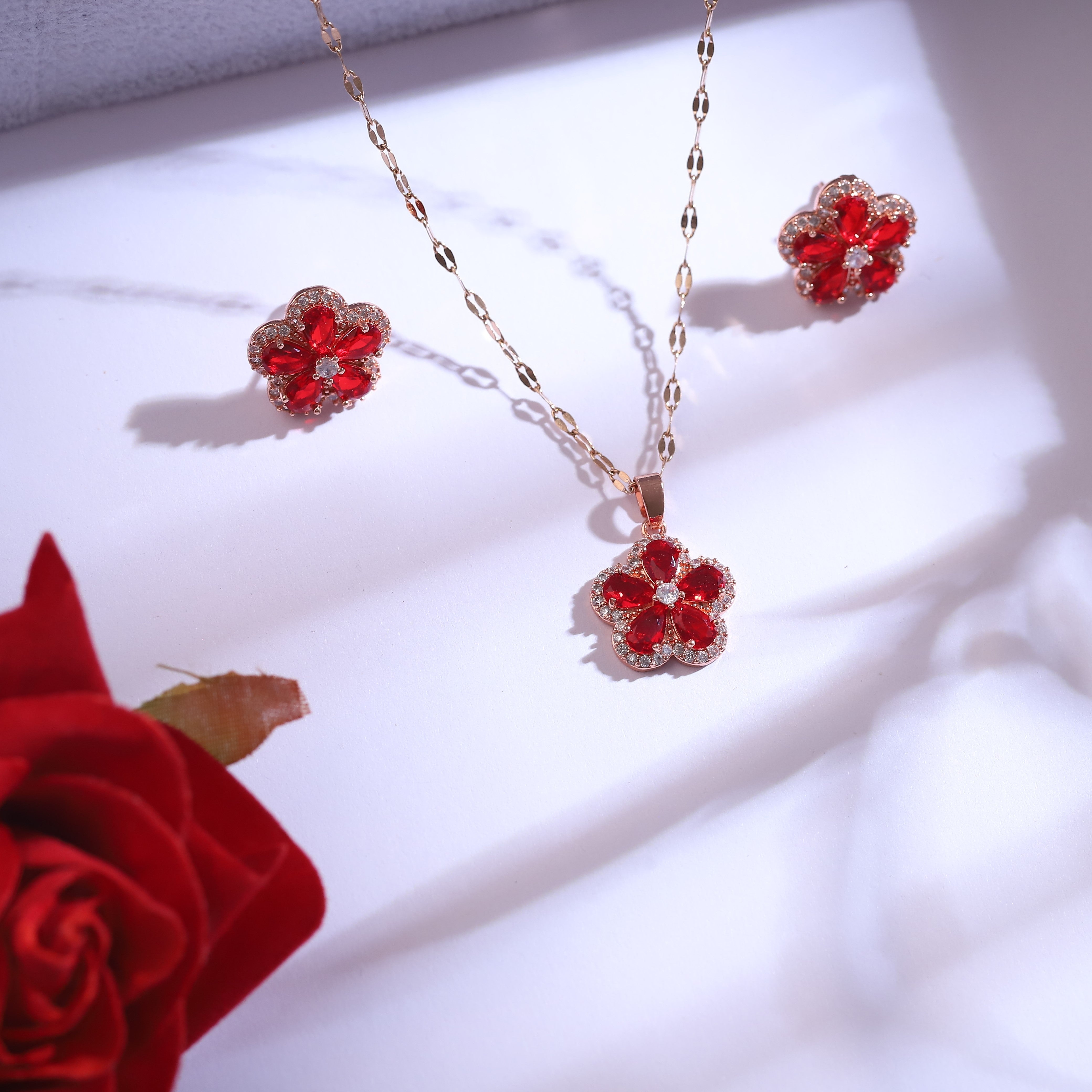 Trendy Red Stones Flower Chain Stud Earrings Set – 18K Gold Plated, Anti-Tarnish, Waterproof, Everyday Minimalist Jewelry (GOLD)
