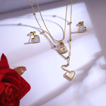 Heart Charm Chain Stud Earrings Set – Multi Layer, 18K Gold Plated, Anti-Tarnish, Waterproof, Everyday Minimalist Jewelry (GOLD)