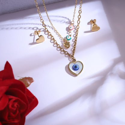 Evil Eye Charm Chain Stud Earrings Set – Multi Layer, 18K Gold Plated, Anti-Tarnish, Waterproof, Everyday Minimalist Jewelry (GOLD)