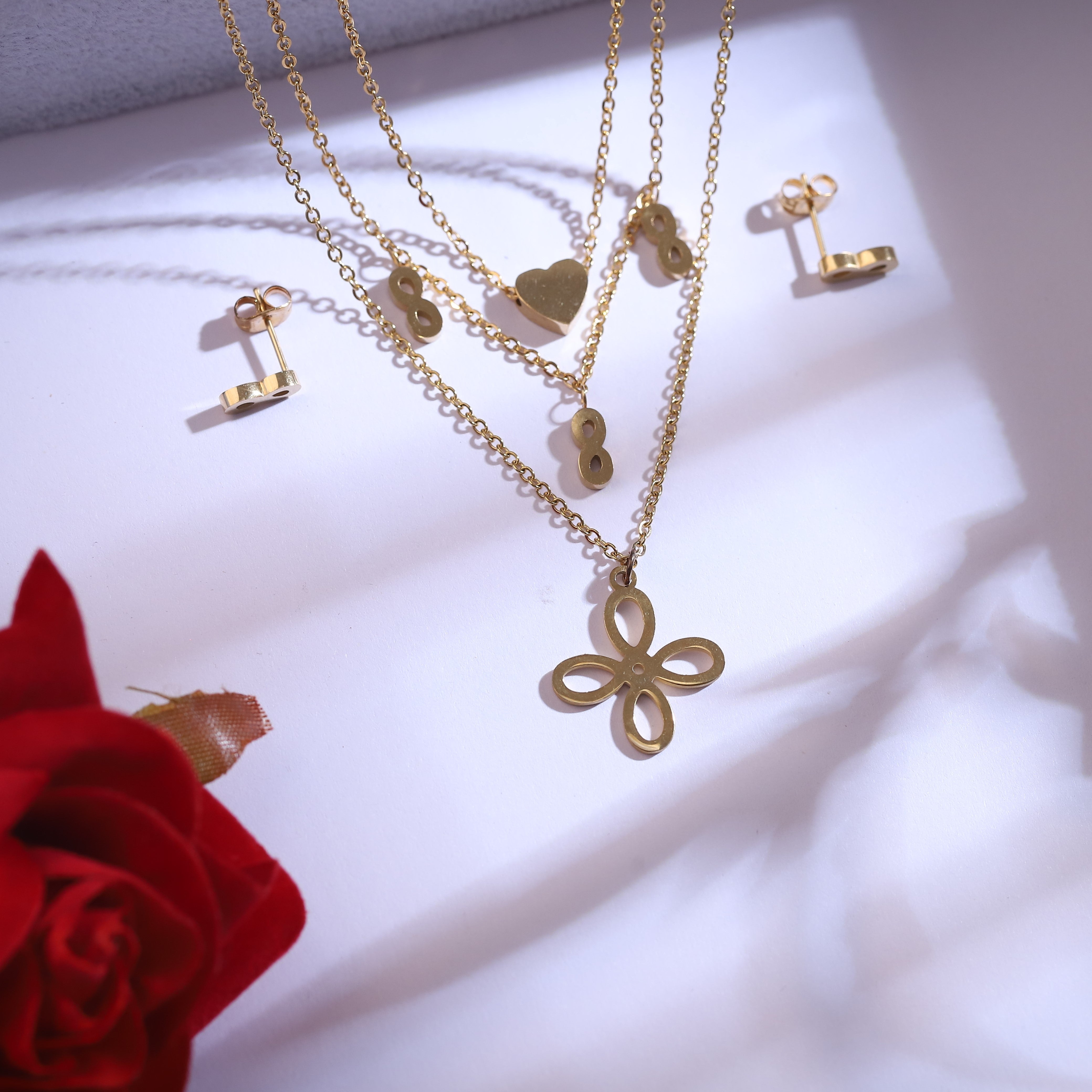 Trendy Flower Charm Chain Stud Earrings Set – Multi Layer, 18K Gold Plated, Anti-Tarnish, Waterproof, Everyday Minimalist Jewelry (GOLD)