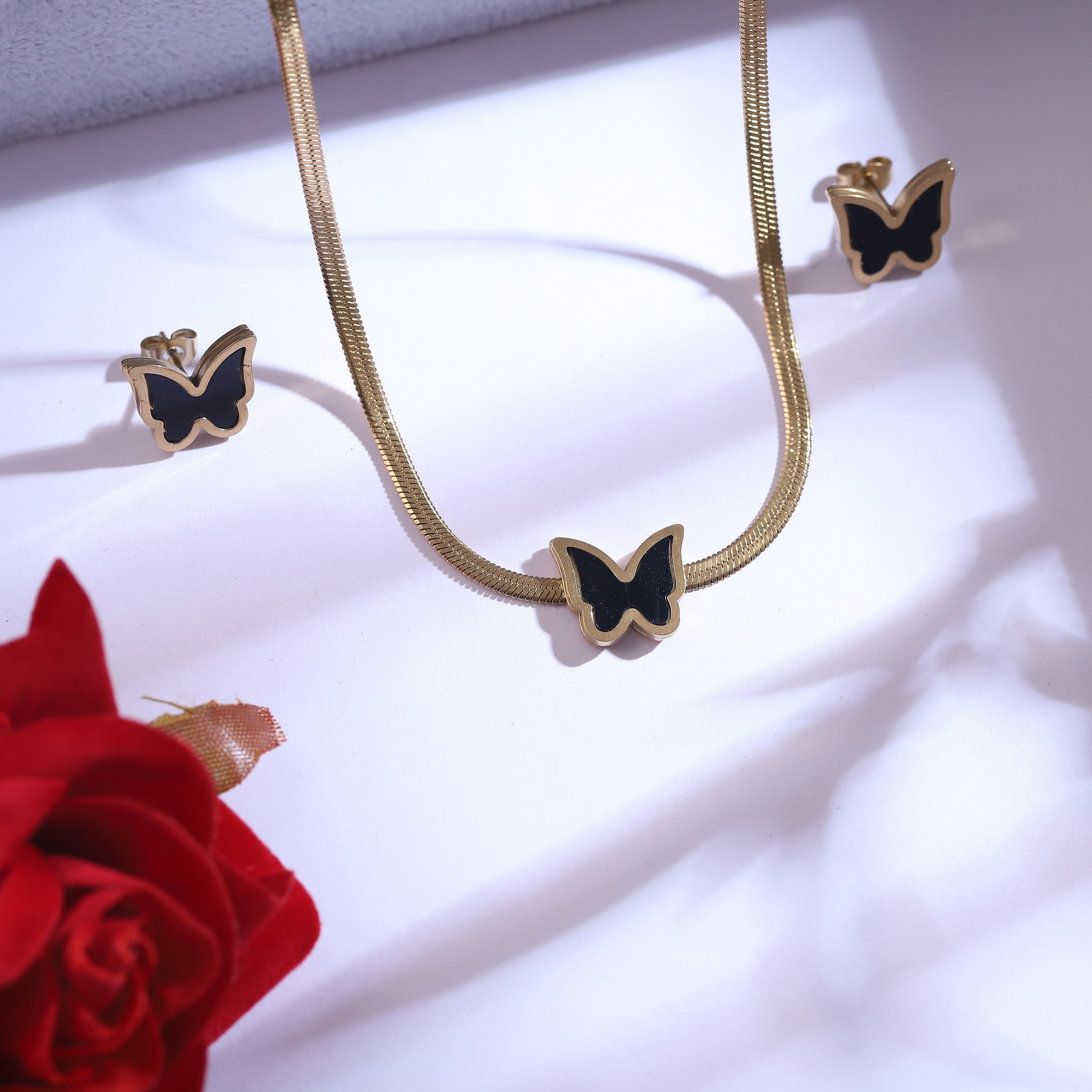 Butterfly Charm Snake Chain Stud Earrings Set – Multi Layer, 18K Gold Plated, Anti-Tarnish, Waterproof, Everyday Minimalist Jewelry (GOLD)